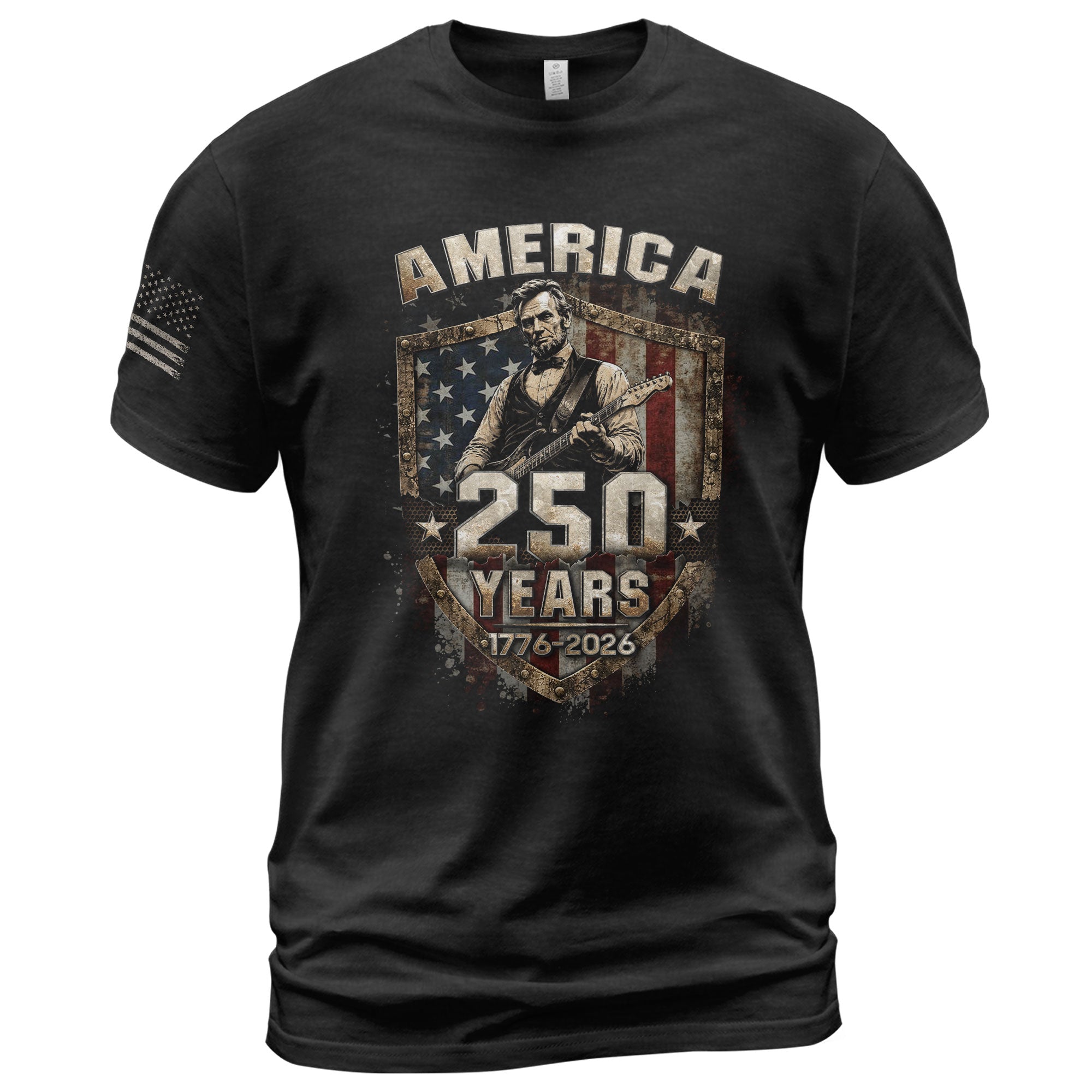 Rustic Shield Lincoln Guitar Shirt Vintage 1776 2026 US Flag Patriotic Grunge Men Tee