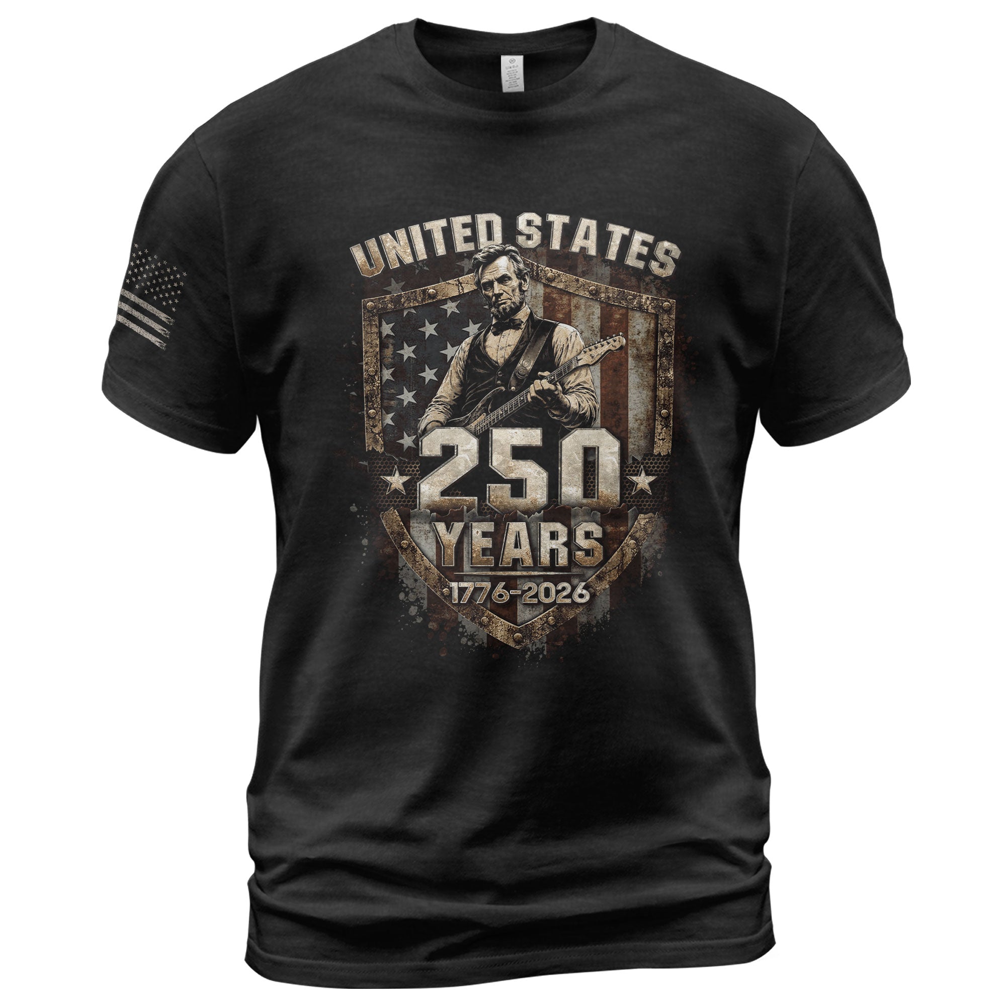 Rustic Shield Lincoln Guitar Shirt Vintage 1776 2026 US Flag Patriotic Grunge Men Tee