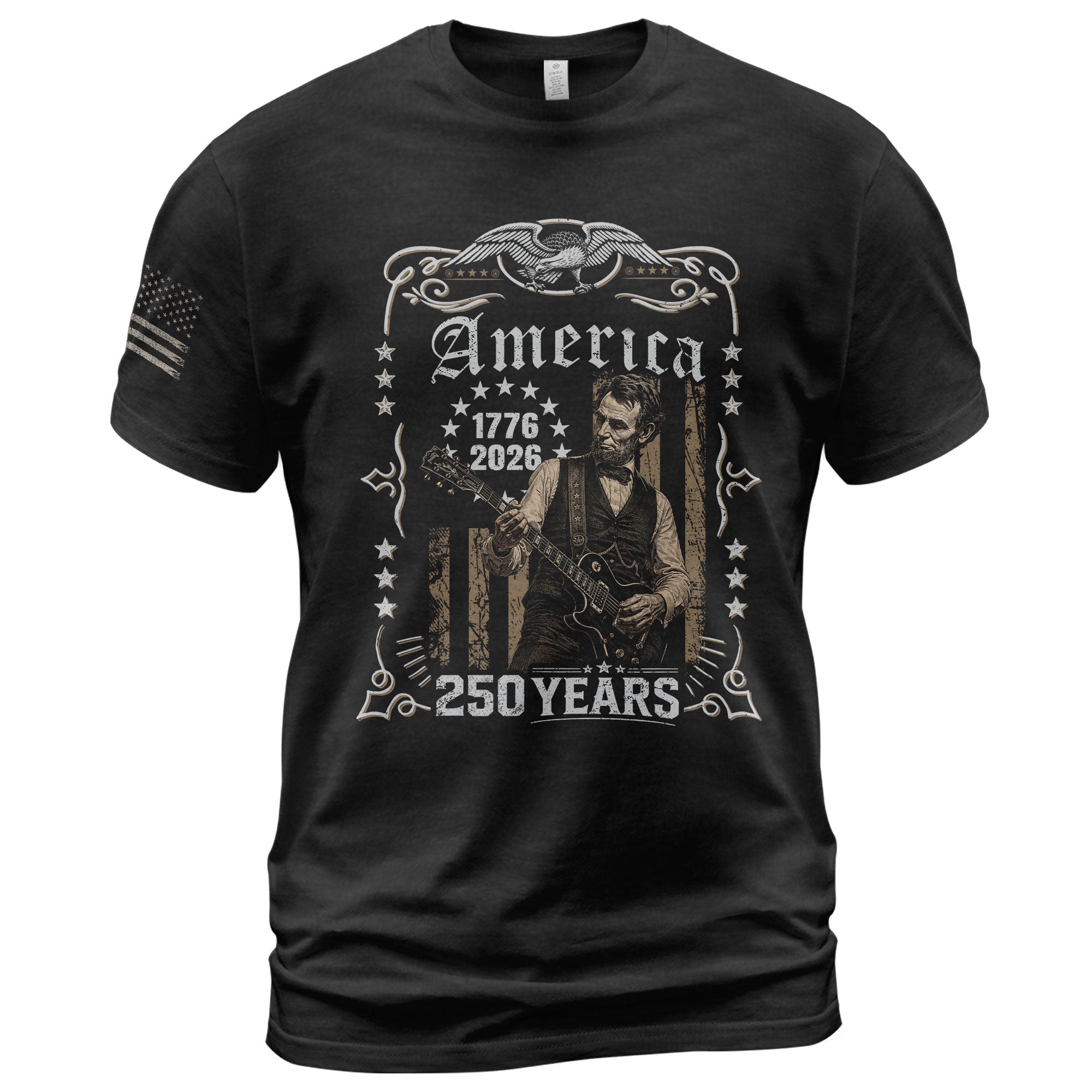 American Eagle Lincoln Guitar Shirt Ornate Badge Vintage 1776 2026 Patriotic US Flag Tee