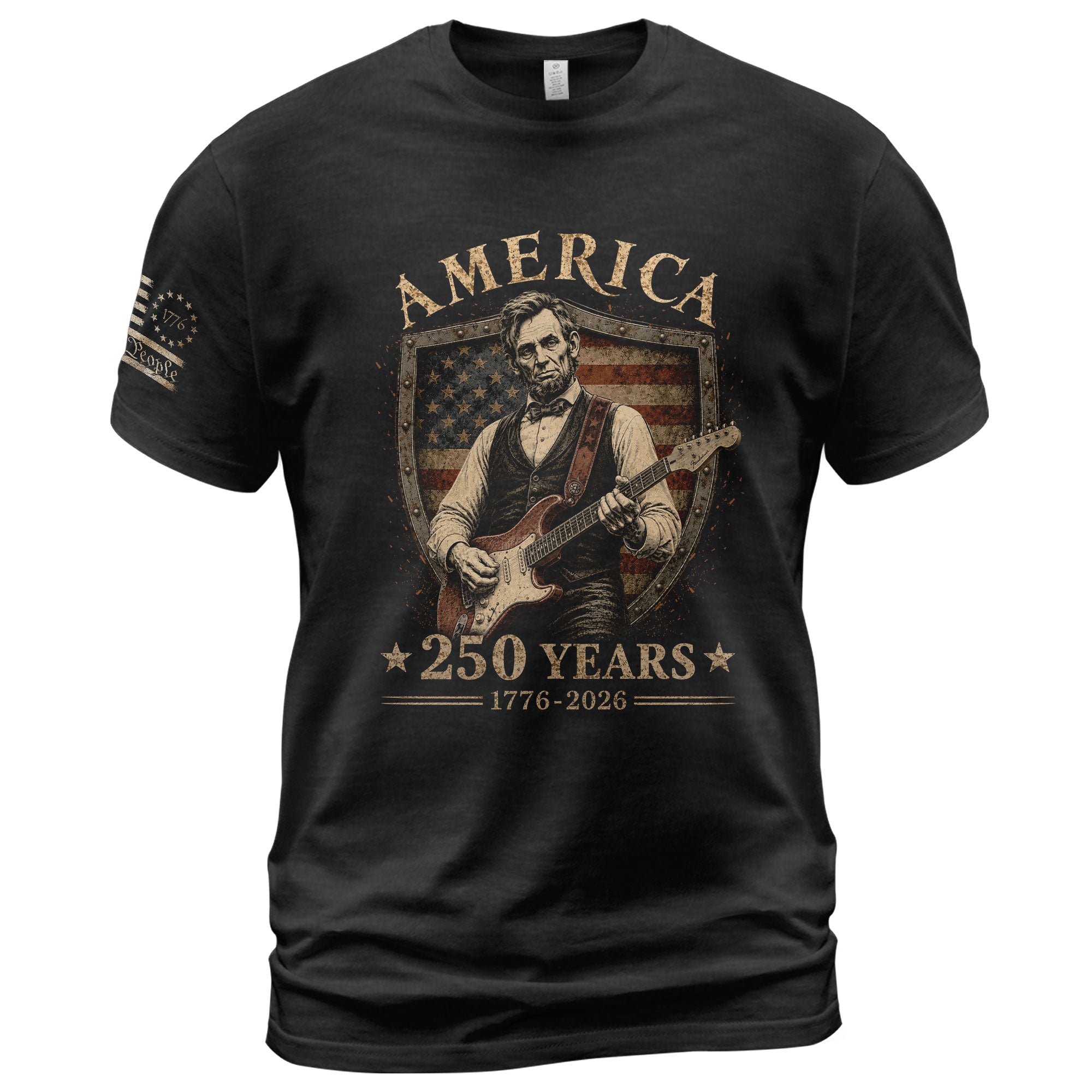 Patriotic Shield Lincoln Guitar Shirt We The People Vintage 1776 2026 US Flag Men Tee
