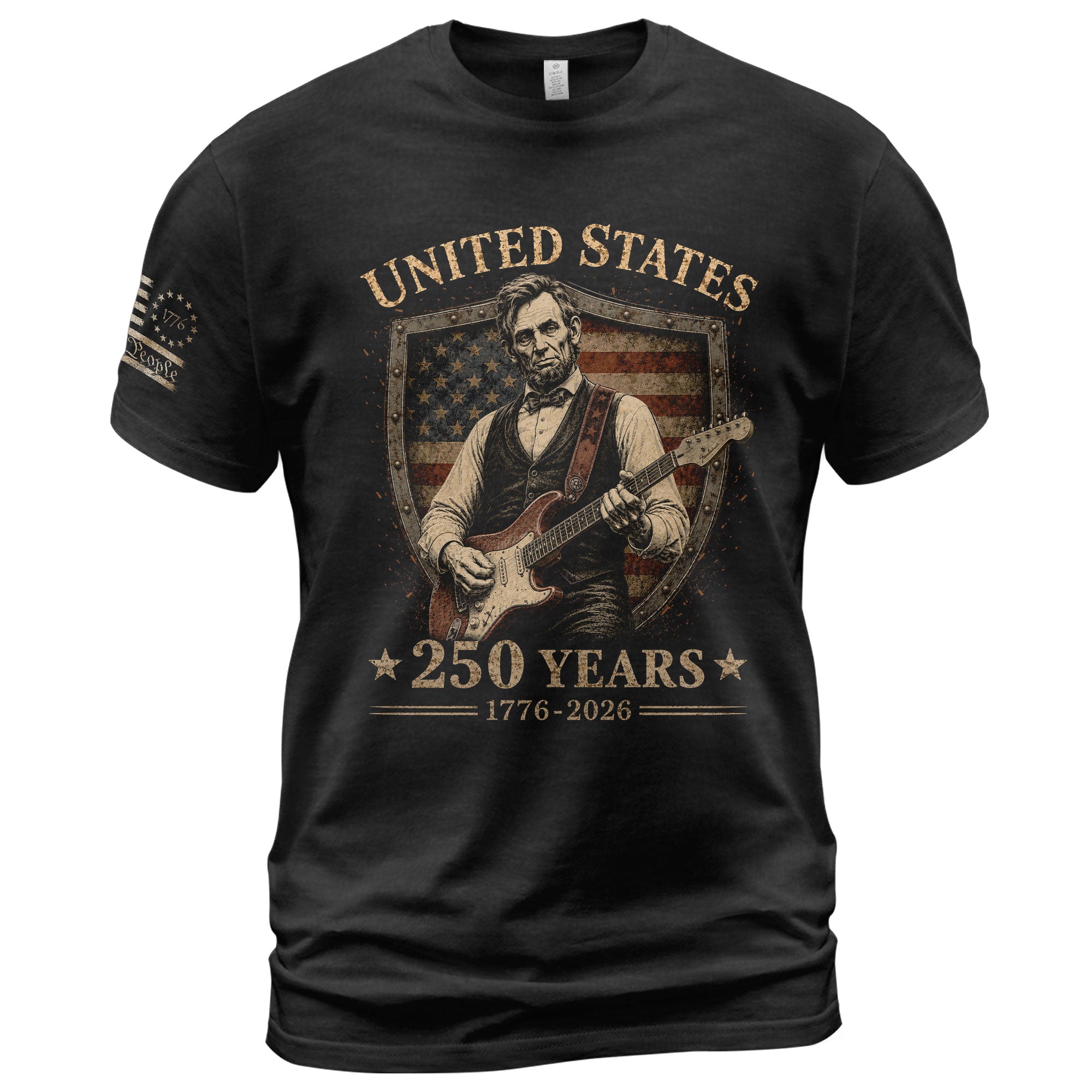 Patriotic Shield Lincoln Guitar Shirt We The People Vintage 1776 2026 US Flag Men Tee