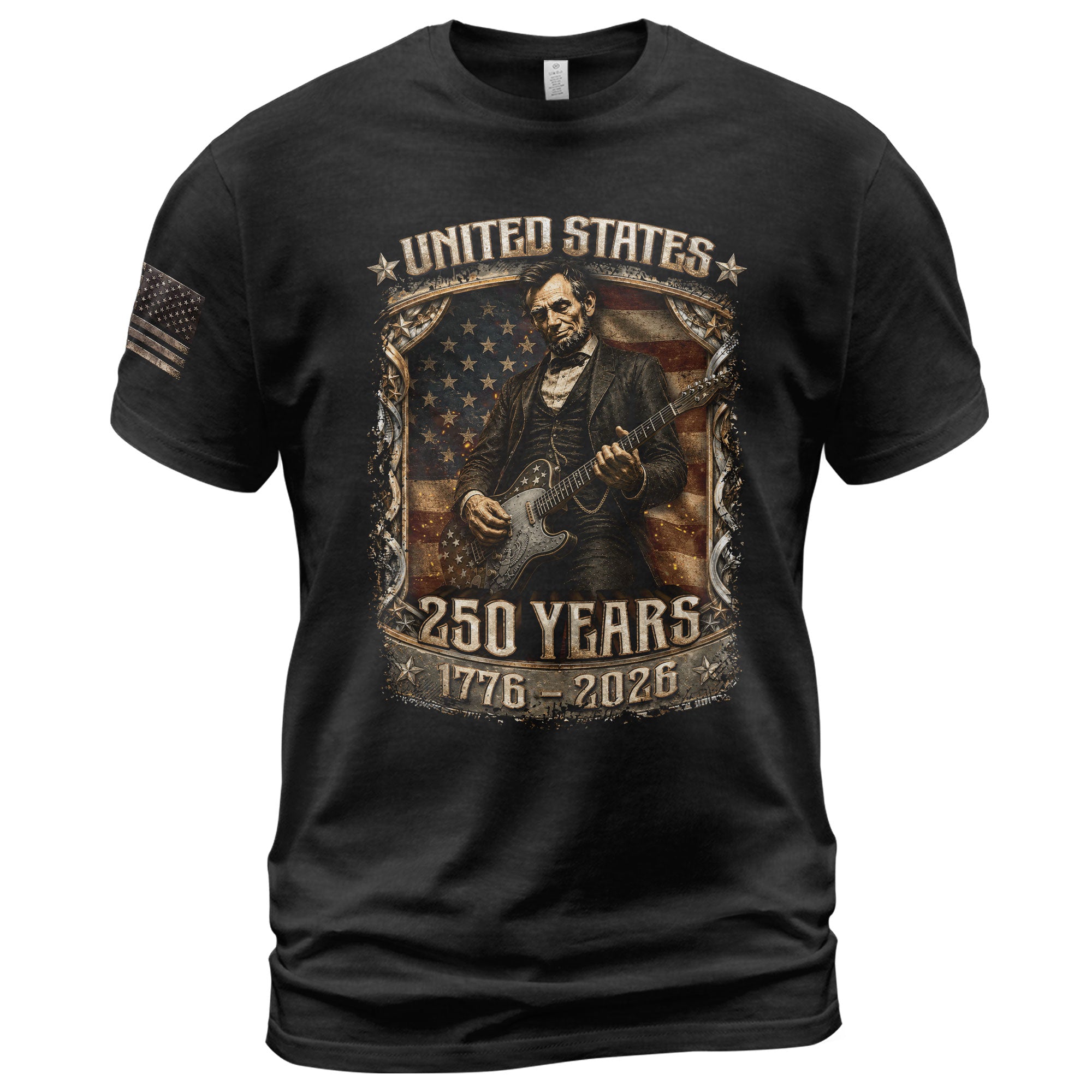 Abraham Lincoln T-Shirt Playing Guitar 1776 2026 Patriotic US Flag Retro Graphic Tee