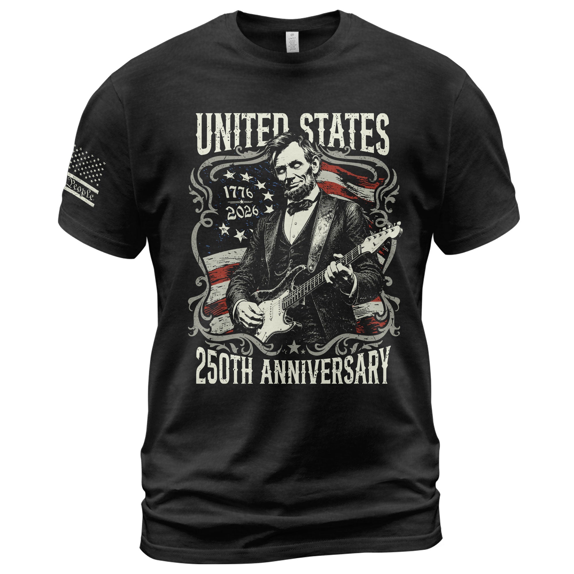United States 250th Anniversary Shirt Abraham Lincoln Rock Guitar Patriotic Apparel
