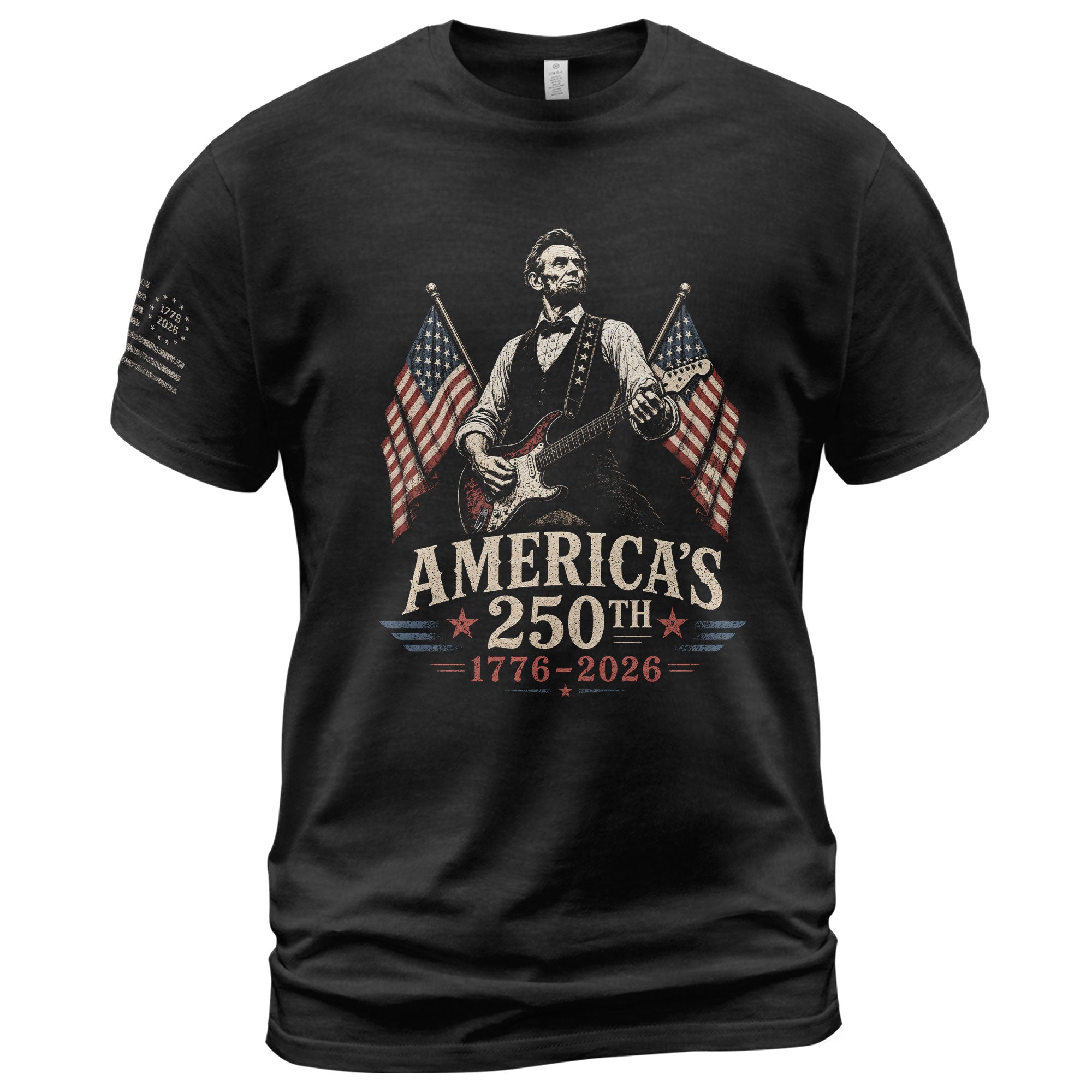 Mens T Shirt Patriotic Abraham Lincoln Guitar 1776-2026 250th Anniversary Rock Tee
