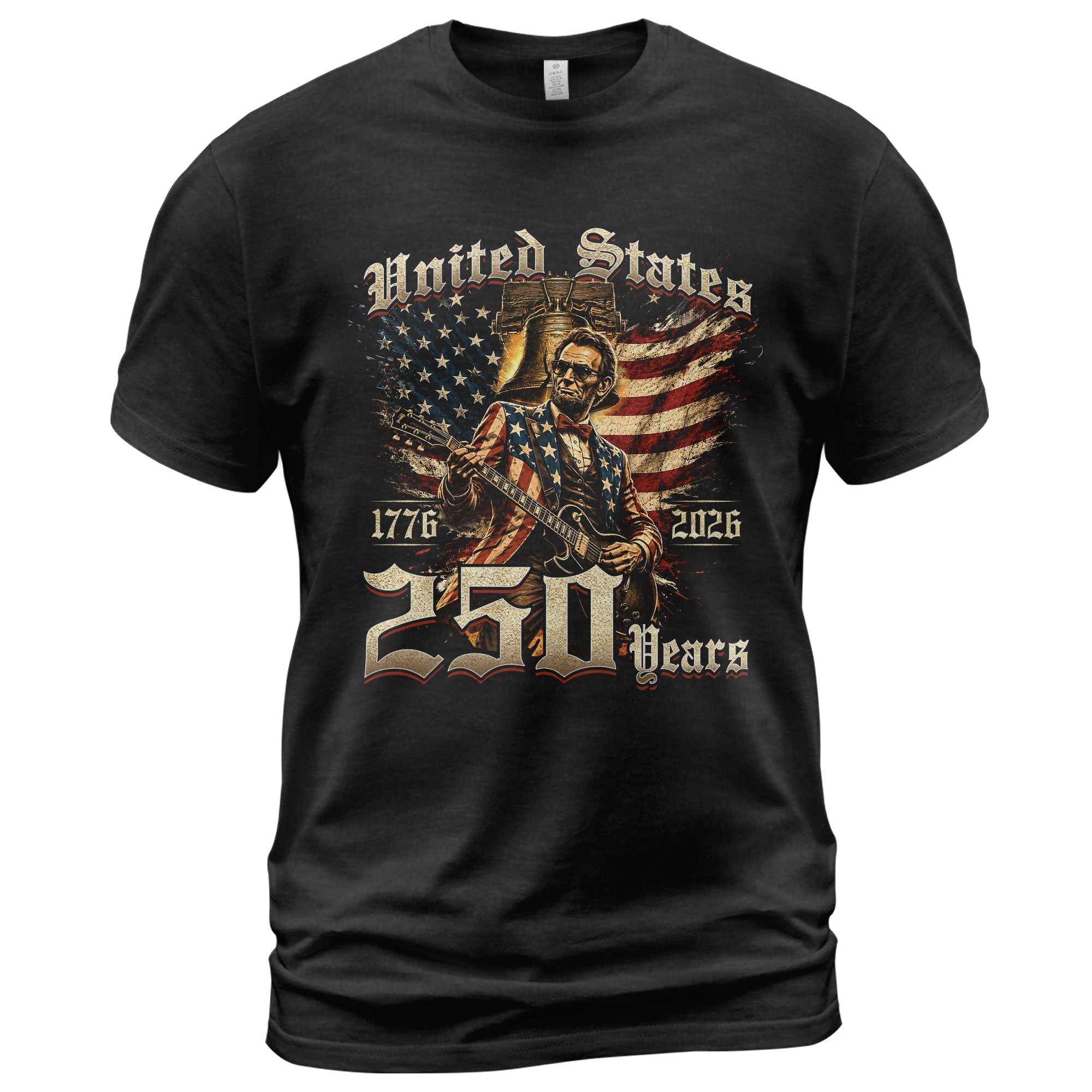 Lincoln Rock Guitar Patriotic T-Shirt - Vintage 1776 2026 Liberty Bell Graphic Tee