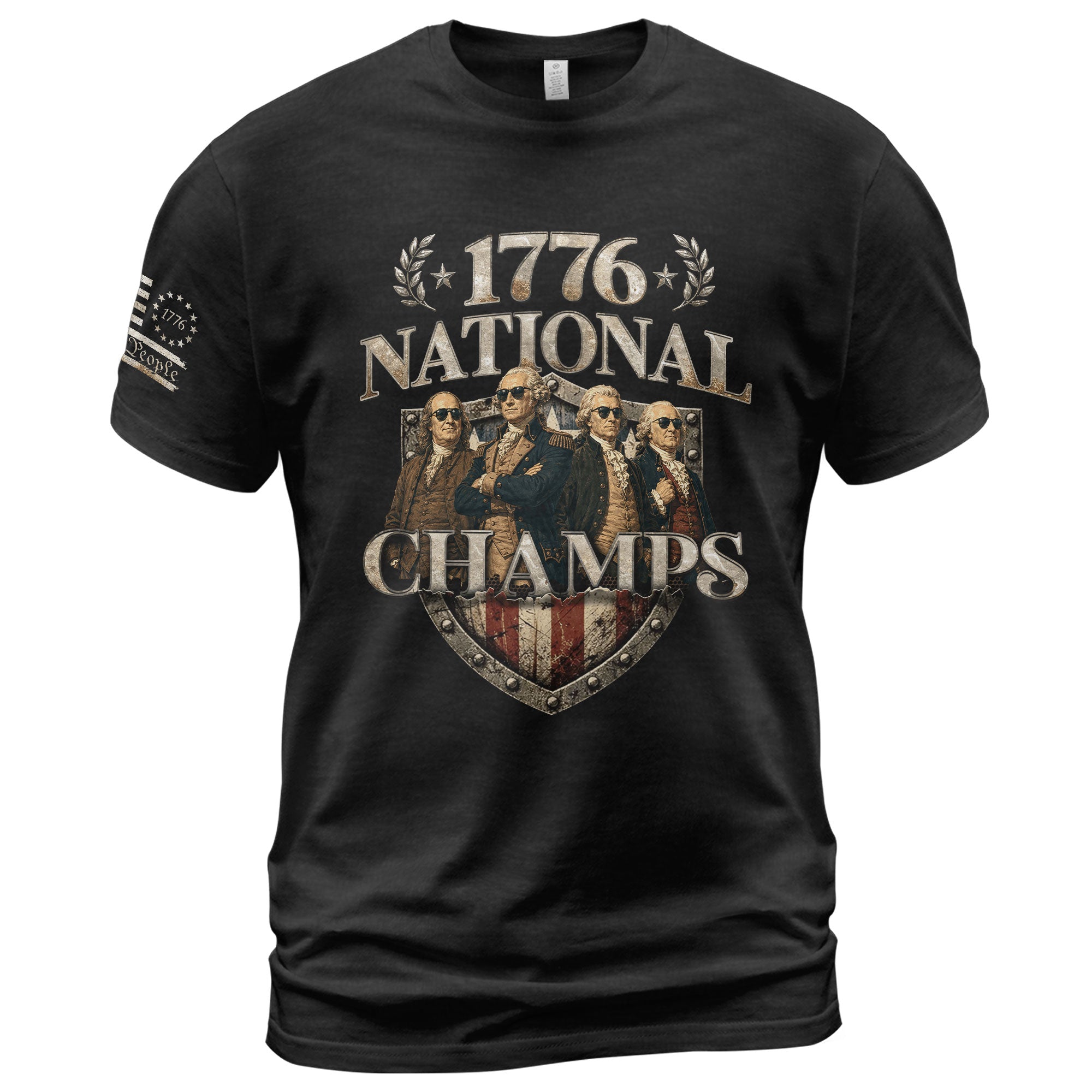 1776 National Champs T-Shirt Shield US Founding Fathers Patriotic 4th of July Graphic Tee