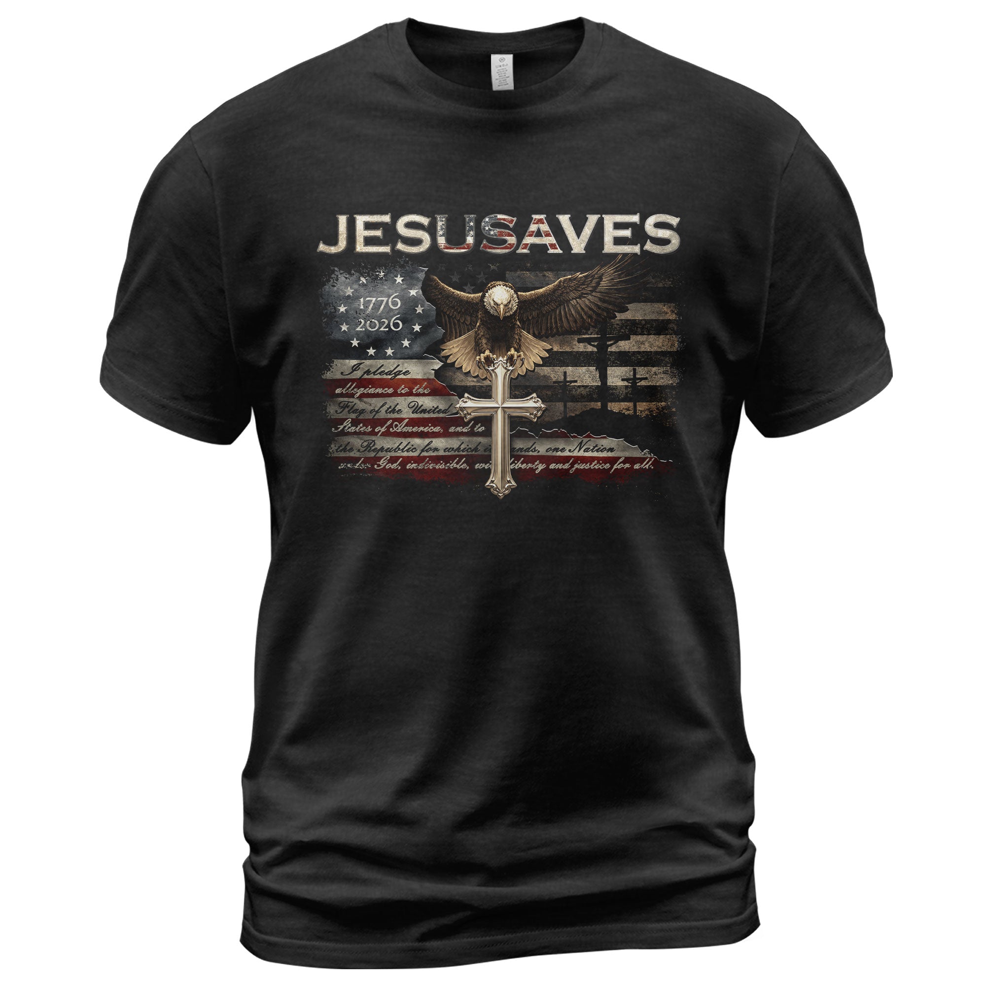 JESUSAVES Graphic T Shirt Patriotic American Eagle Cross Religious Faith Apparel