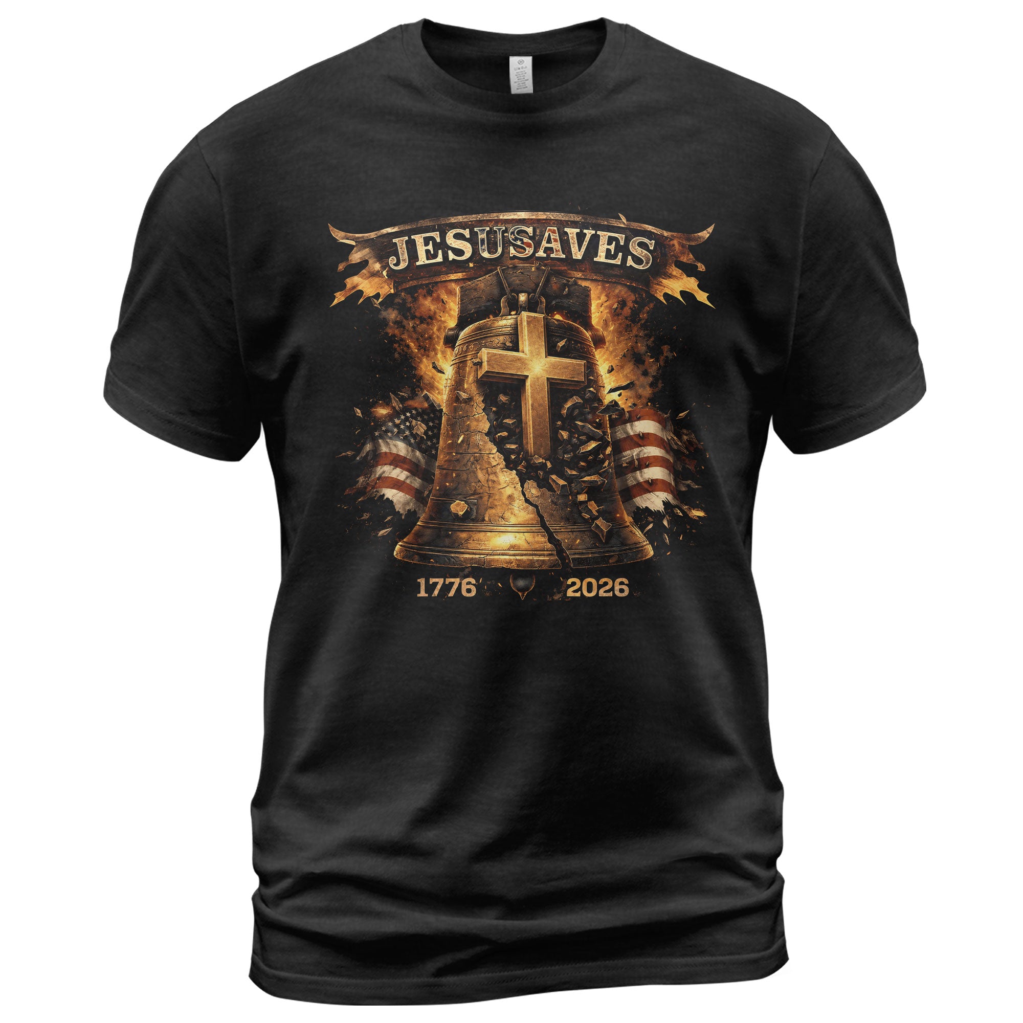Faith Based JESUSAVES USA Flag Liberty Bell Graphic Tee 1776 to 2026 Commemorative Top