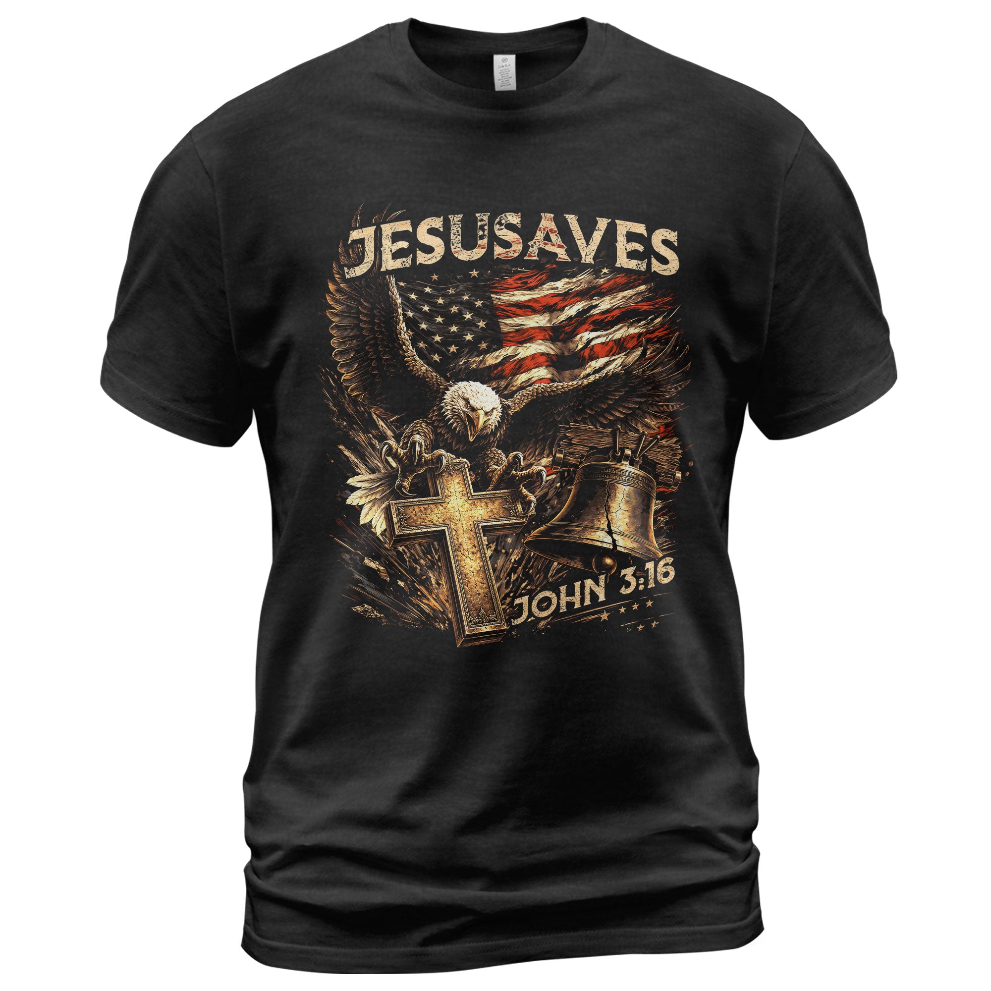 JESUSAVES John 3 16 Patriotic Graphic T Shirt American Eagle Cross Liberty Bell Tee