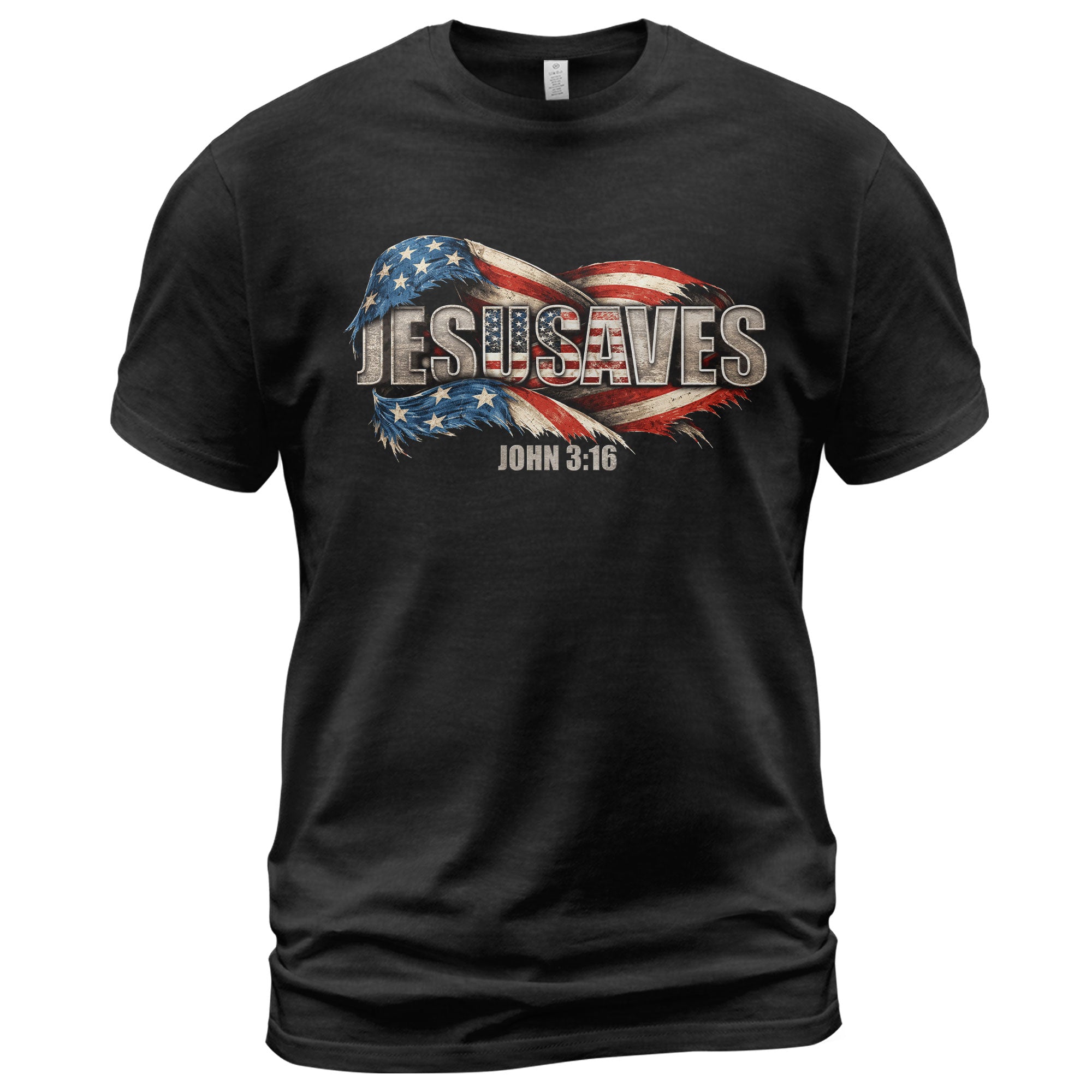 Distressed Flag JESUSAVES Graphic T Shirt John 3 16 Spiritual Patriotic Cotton Top