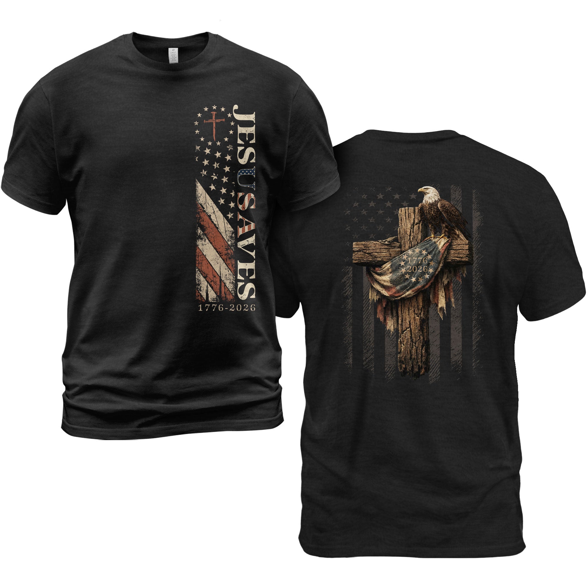 Patriotic JESUSAVES 1776-2026 Eagle T-Shirt American Flag Design - Versatile Apparel
