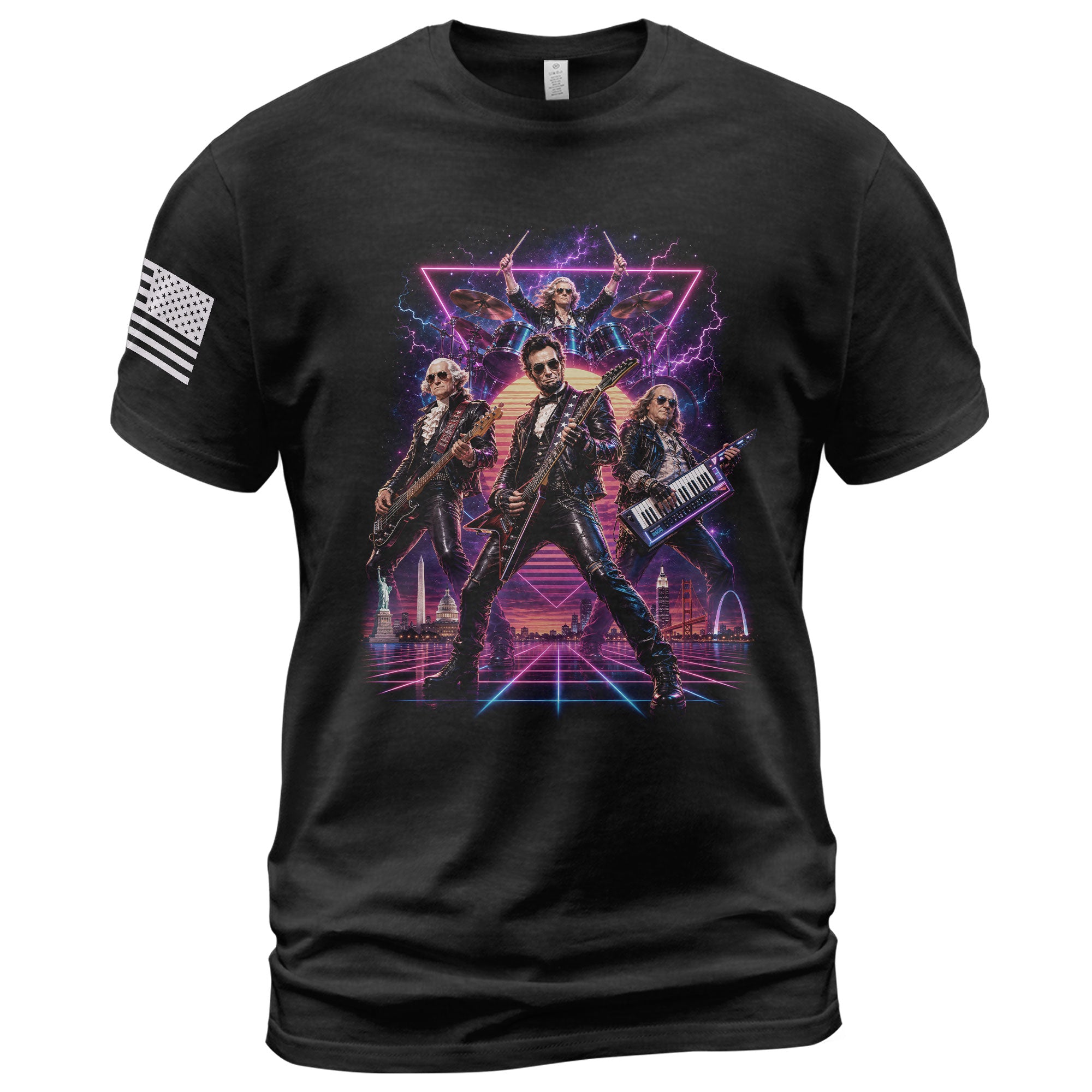 Retro Lincoln Guitar Player T-Shirt Neon Synthwave Rock Band Graphic Tee Gift