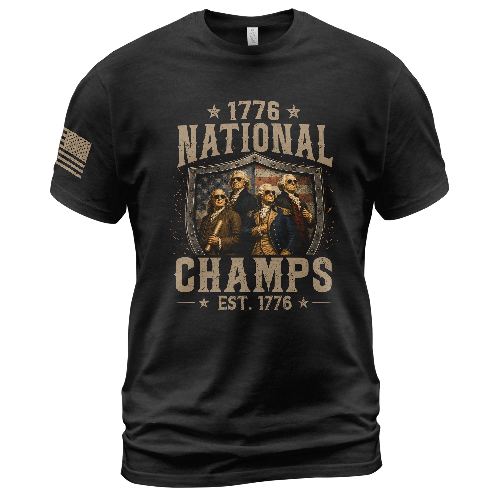 1776 National Champs Patriotic Shield Tee Founding Fathers Graphic Vintage Casual Apparel