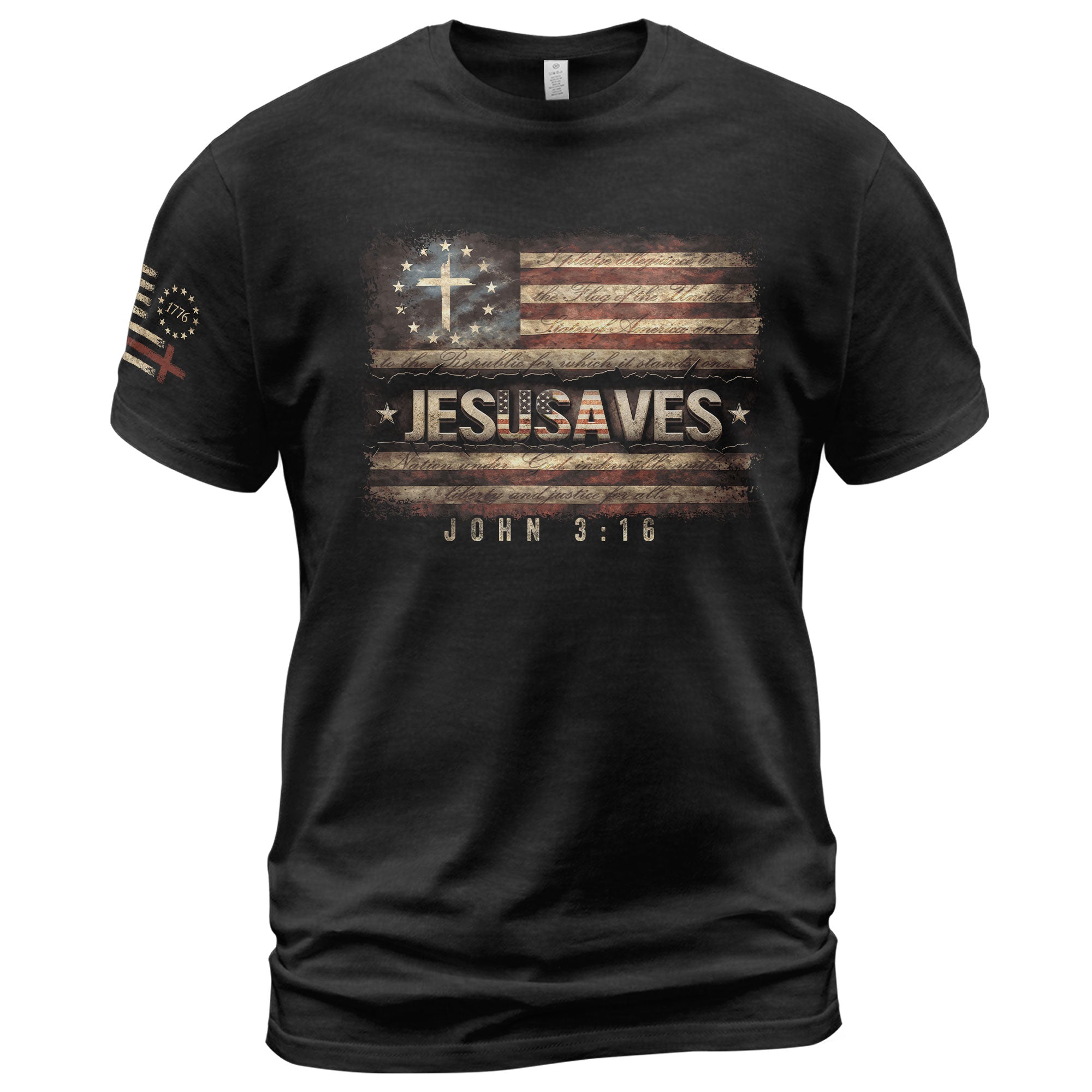 JESUSAVES T-Shirt John 3:16 Pledge of Allegiance Christian Cross Patriotic US Flag Tee