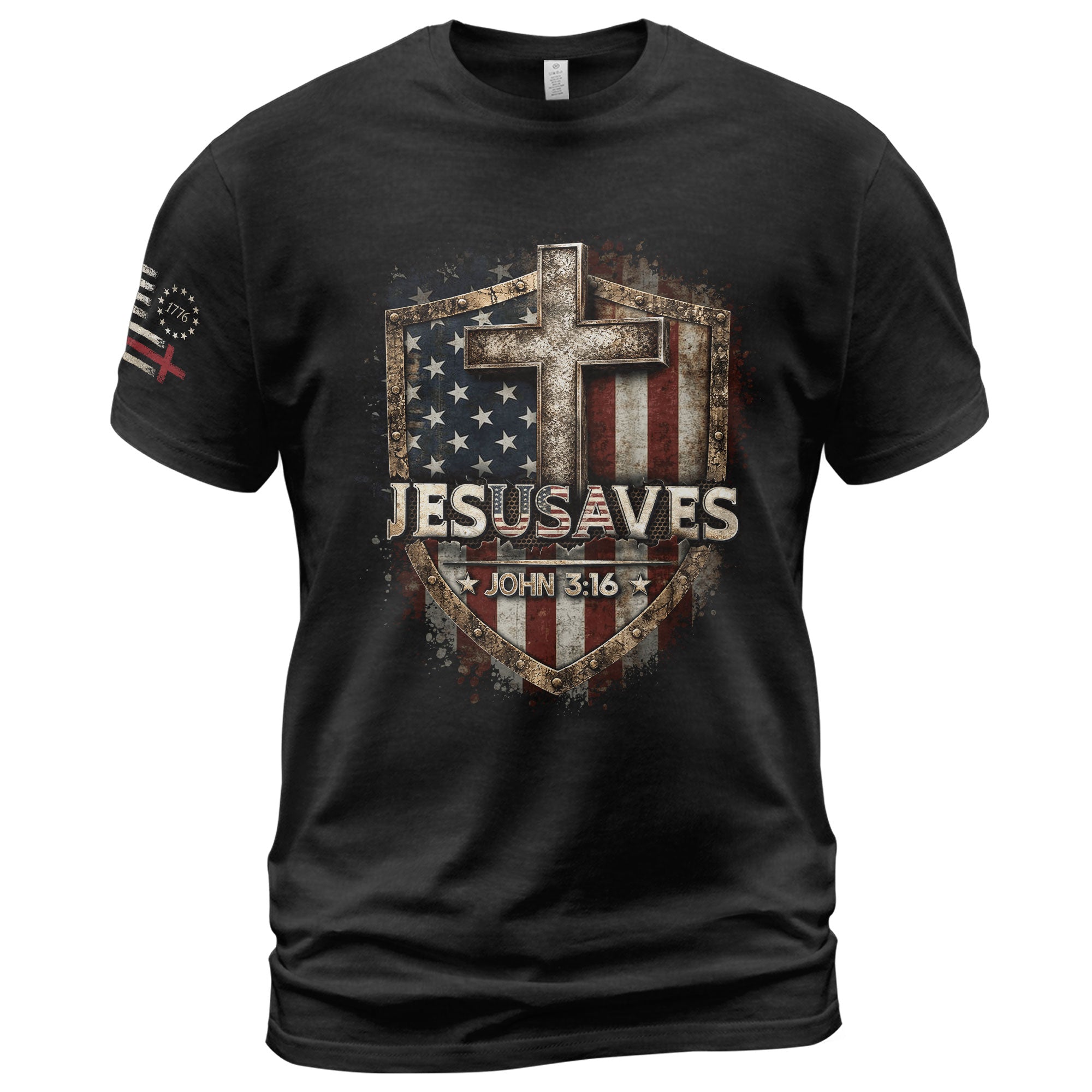 JESUSAVES T-Shirt Patriotic Shield Christian Cross American Flag John 3:16 Graphic Tee