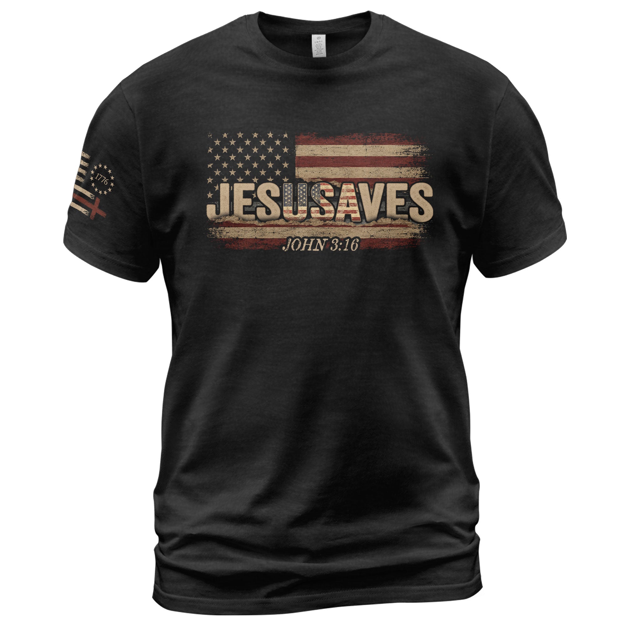 JESUSAVES T-Shirt John 3:16 Patriotic American Flag Distressed Christian Faith Tee