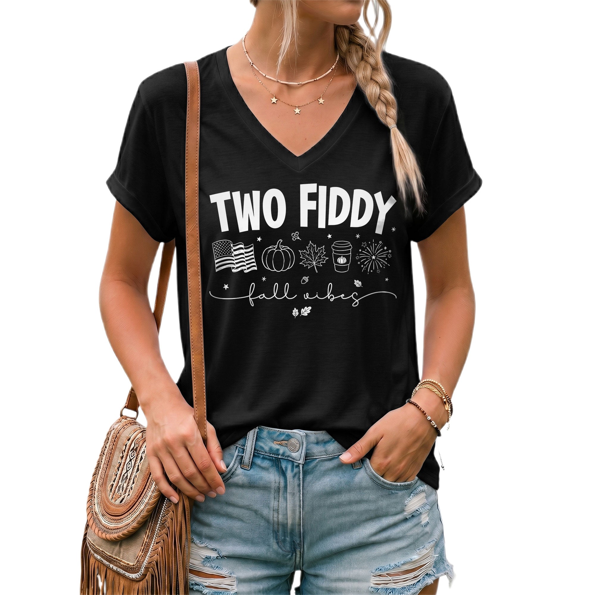 Seasonal Two Fiddy Graphic V-Neck Shirt USA Flag Fall Vibes Women's Casual Apparel