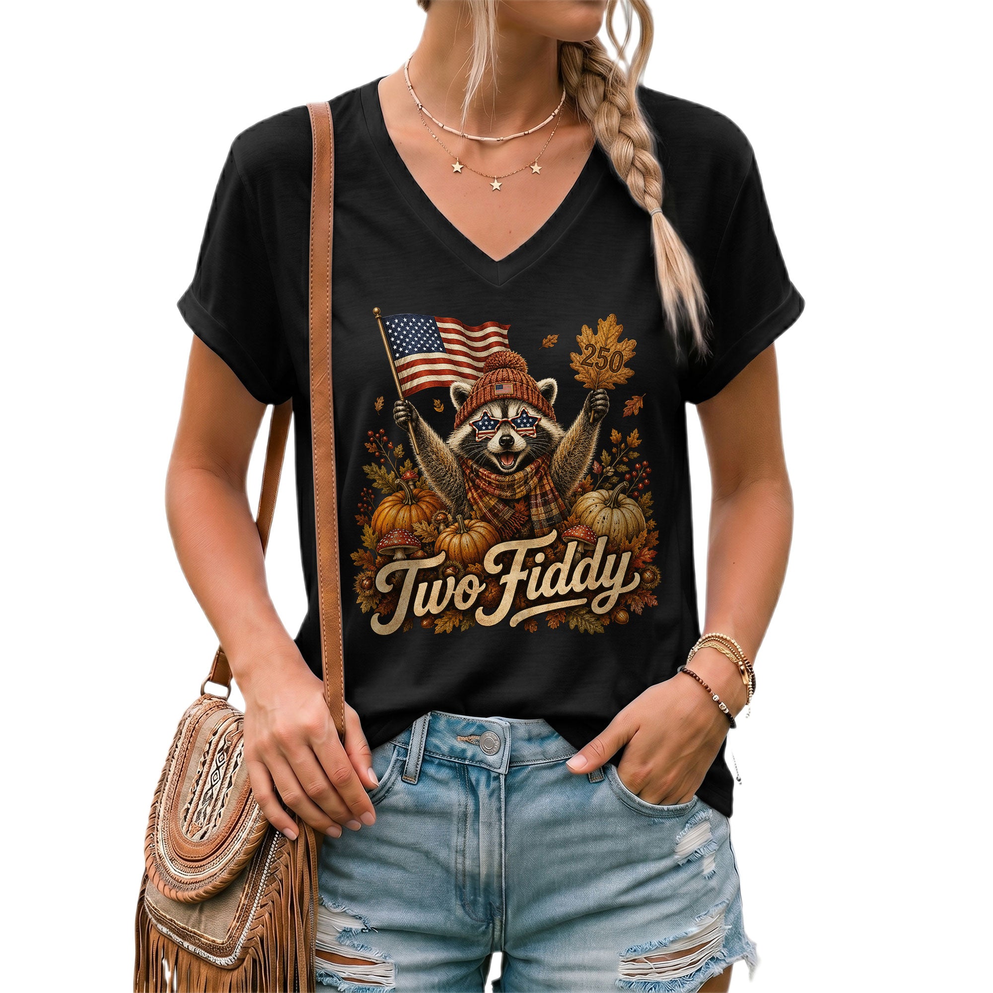 Autumn Seasonal Two Fiddy Graphic V-Neck Tee USA Flag Raccoon Women's Casual Style Shirt