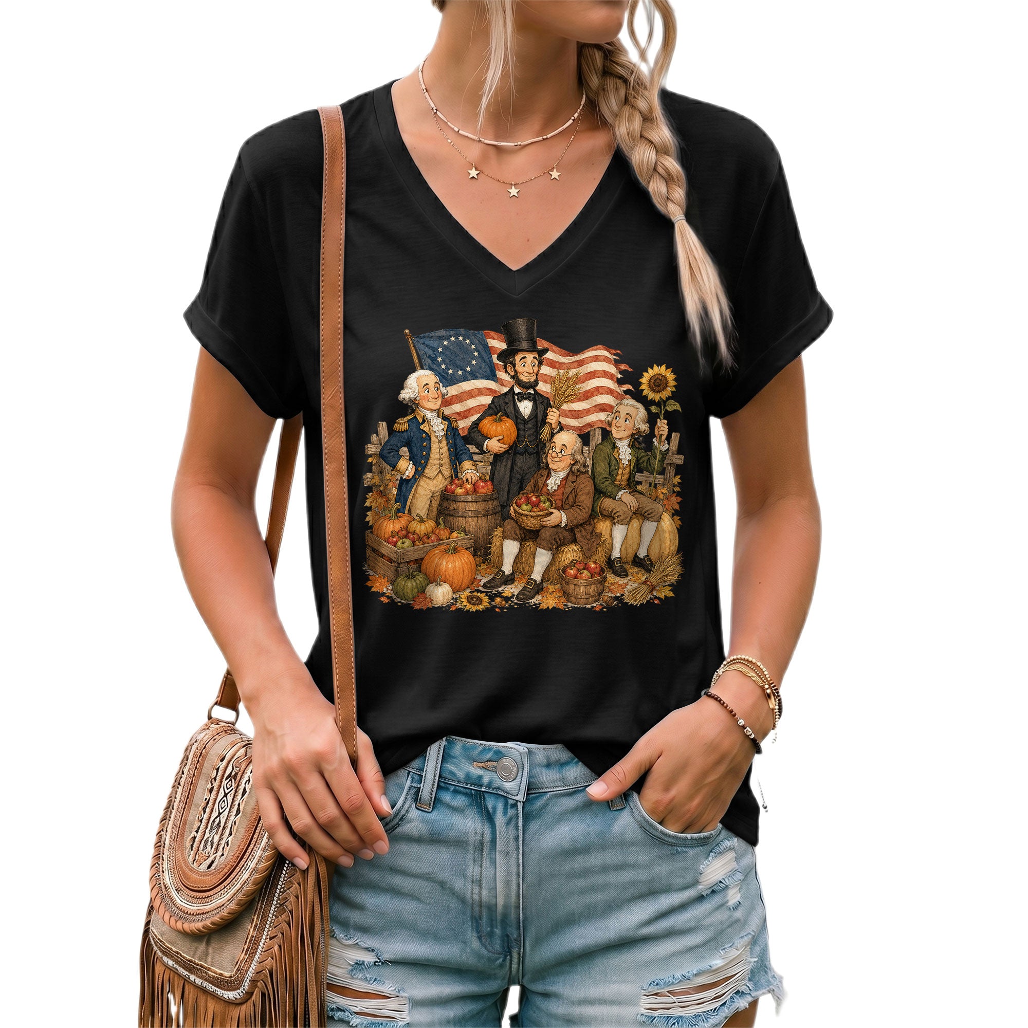 Patriotic Fall V-Neck Shirt Women Cute Presidents Harvest Pumpkin Autumn Graphic Tee