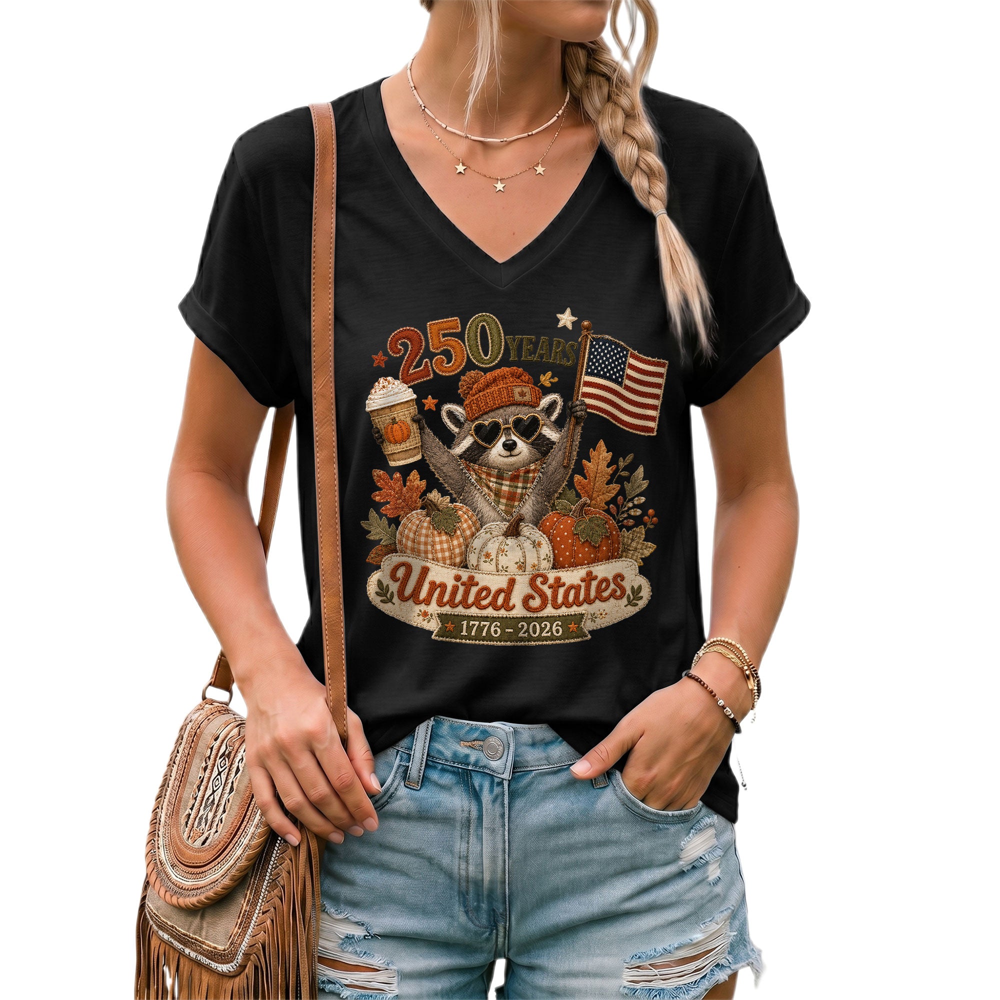 Patriotic Raccoon Fall V-Neck Shirt Women Cute United States Flag Pumpkin Autumn Tee
