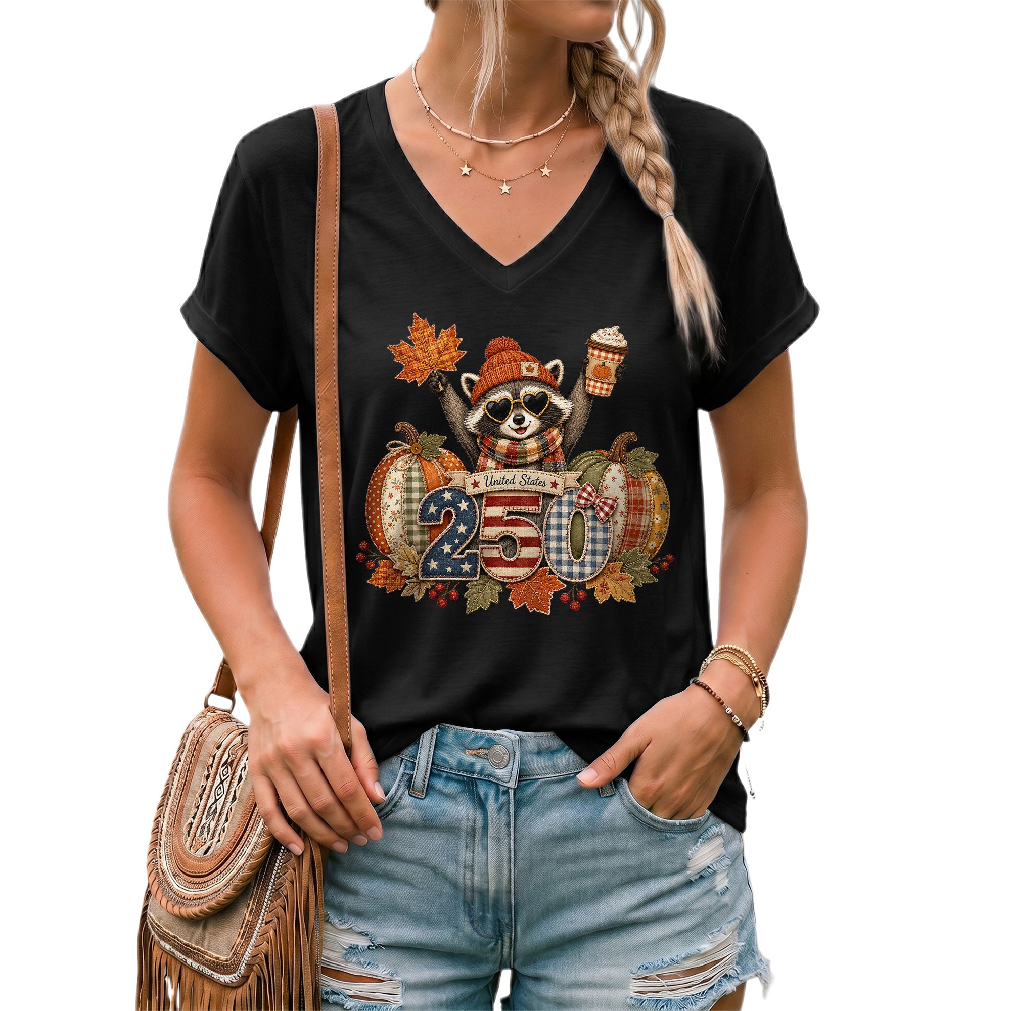 Patriotic Raccoon Fall V-Neck Shirt Women Cute Country Pumpkin Autumn Flag Graphic Tee