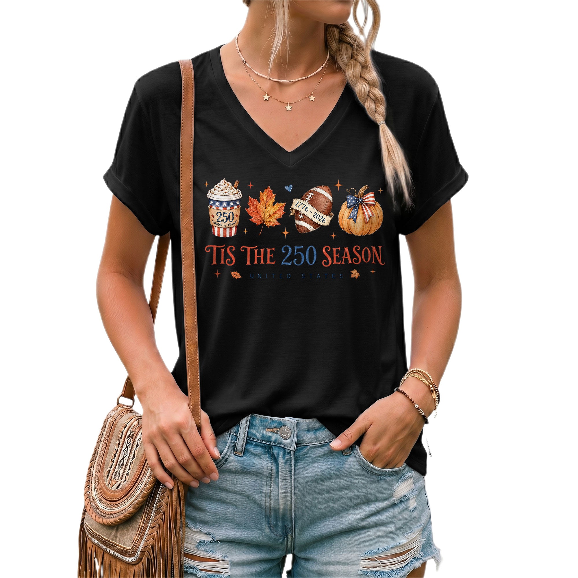 Patriotic Fall Football V-Neck Shirt Women Spooky Pumpkin Spice Latte United States Tee