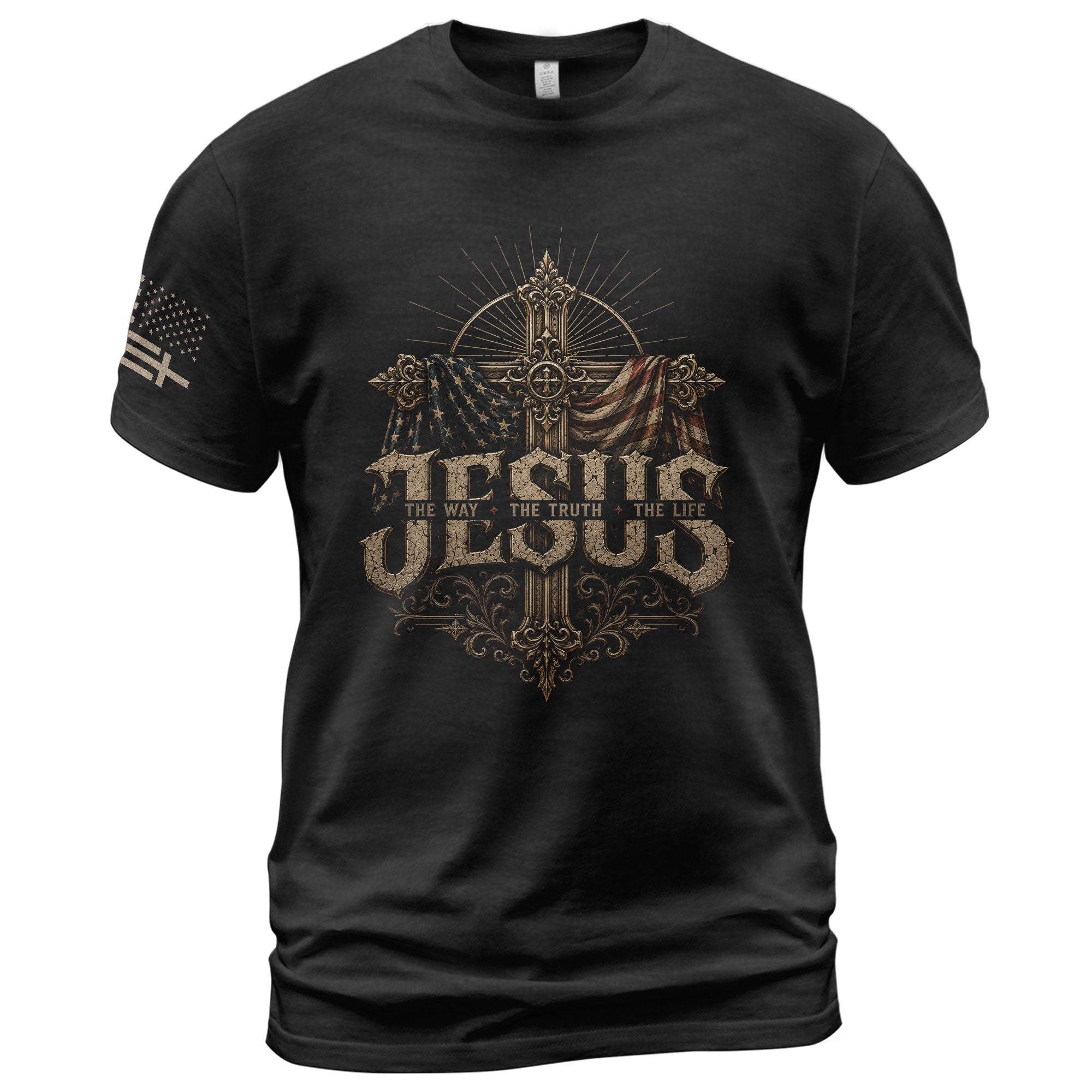 Jesus The Way The Truth The Life Christian Cross American Flag Religious T-Shirt Tee