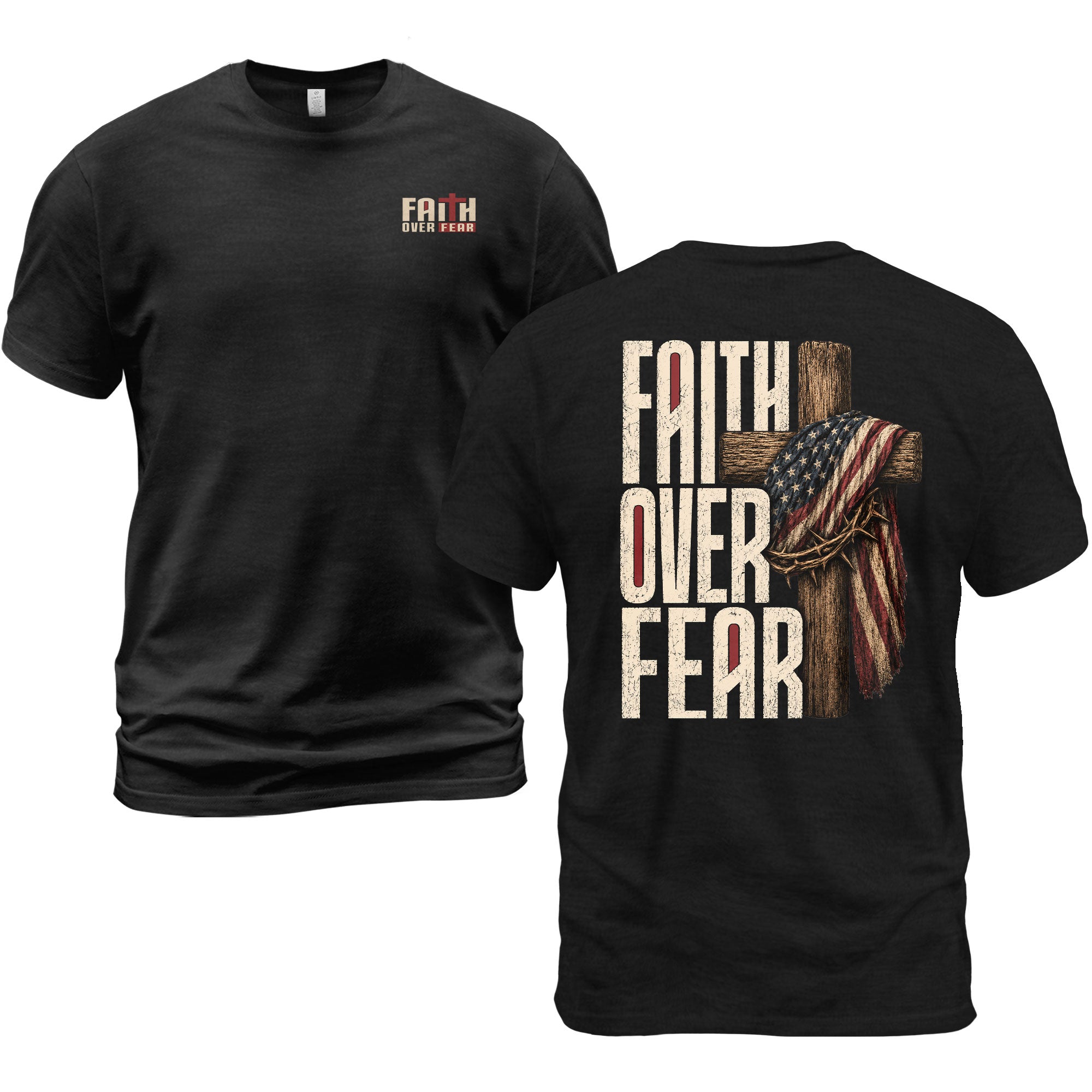 Faith Over Fear Christian Shirt Patriotic Cross American Flag Religious Graphic Tee