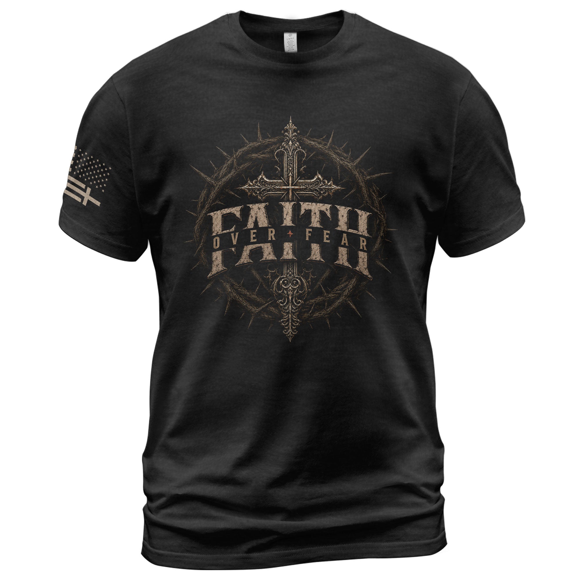 Faith Over Fear T Shirt Christian Cross Vintage Religious Patriotic USA Flag Tee