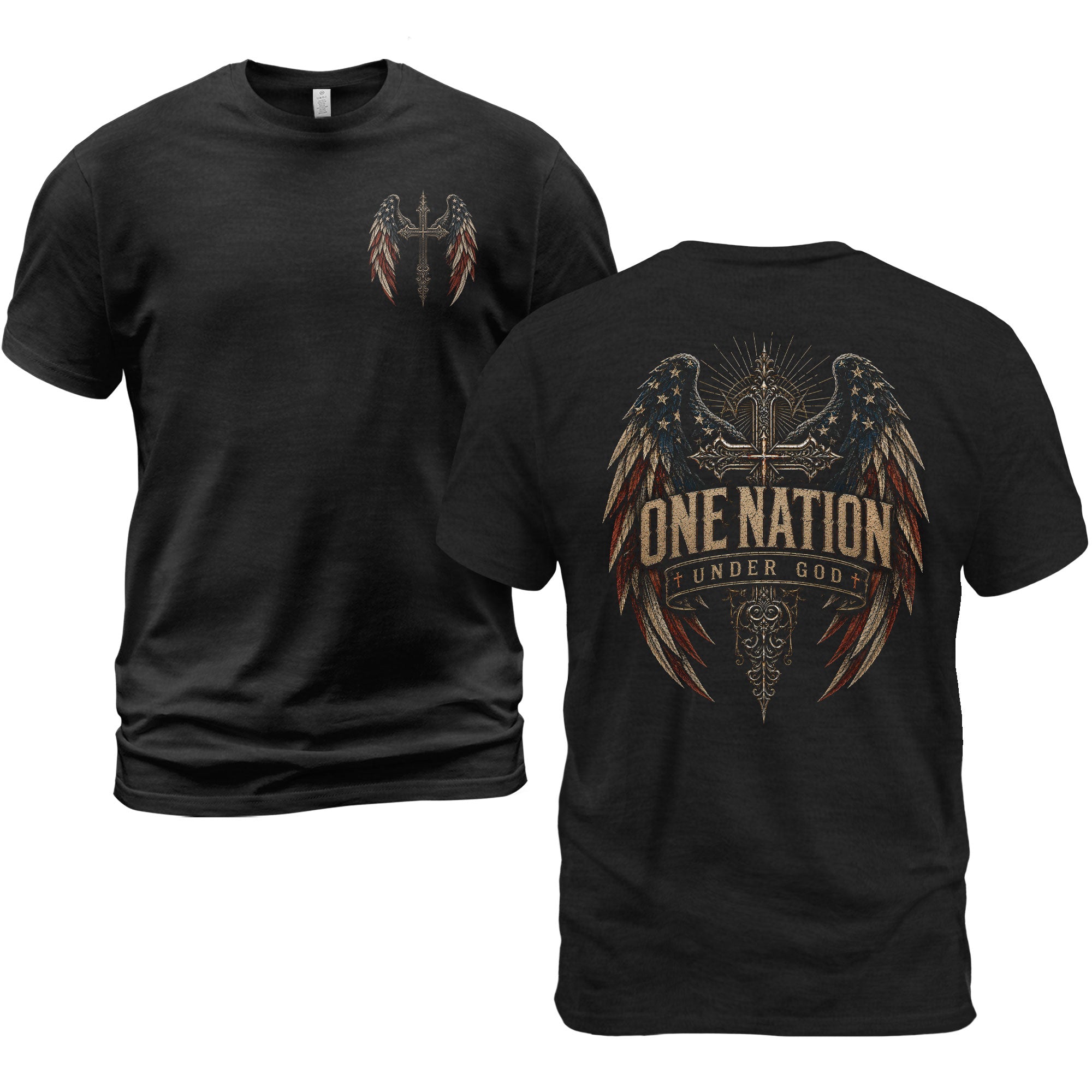 One Nation Under God T Shirt American Flag Wings Cross Religious Apparel Tee Top