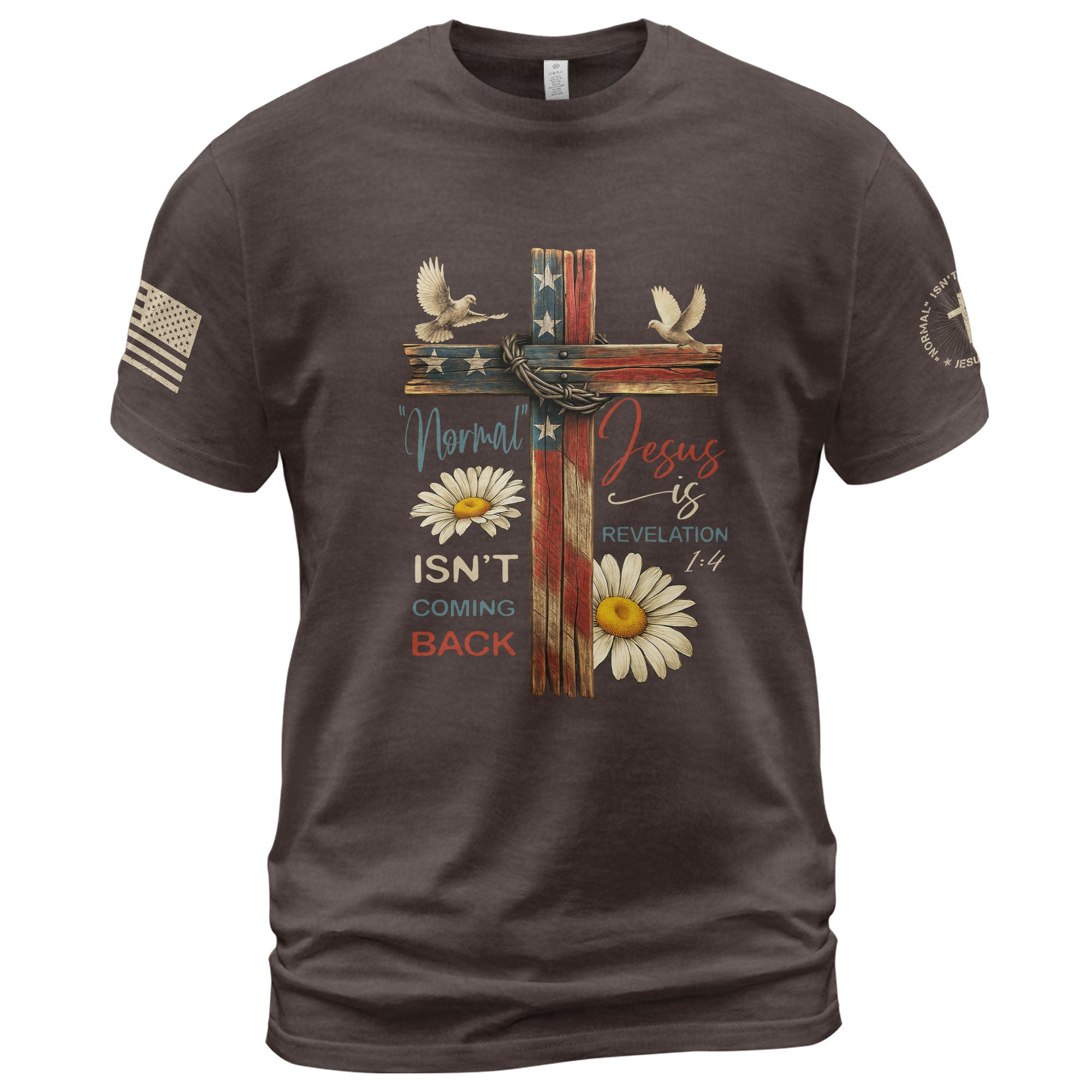 Normal Isn’t Coming Back – Jesus Is Shirt | Revelation 1:4 Floral USA Flag Cross Tee