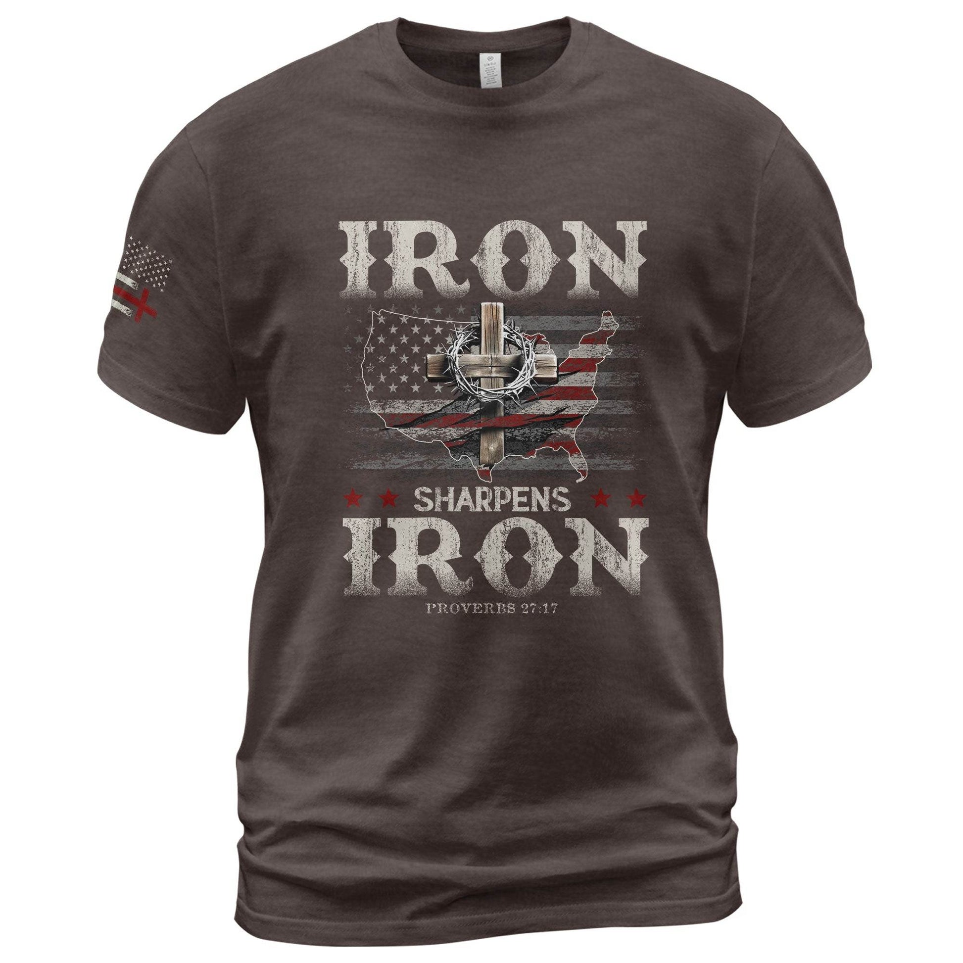 Iron Sharpens Iron T-Shirt – Proverbs 27:17 USA Faith Warrior Tee - Rust Field Wear