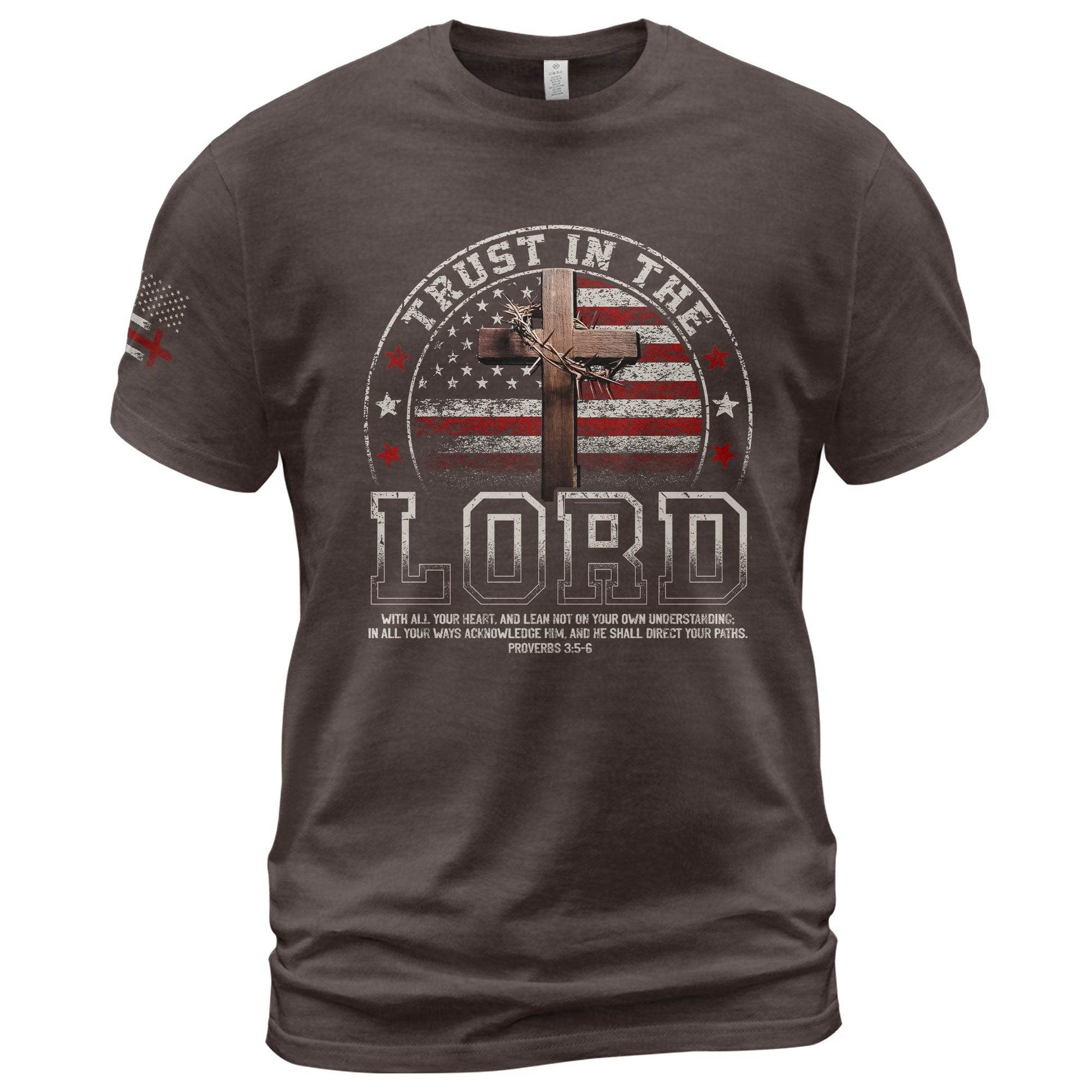 Trust In The Lord – Christian American Flag Cross T-Shirt - Rust Field Wear