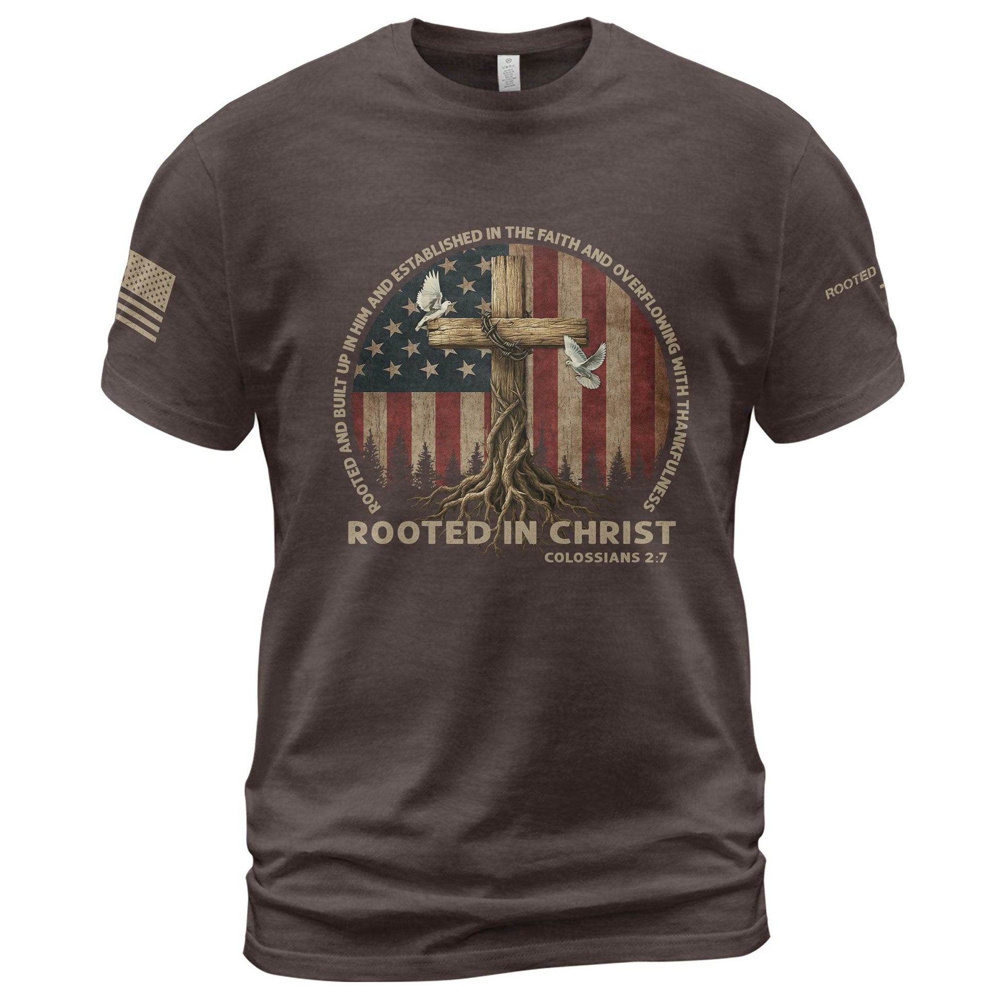 Rooted in Christ Colossians 2:7 Christian T-Shirt - Rust Field Wear