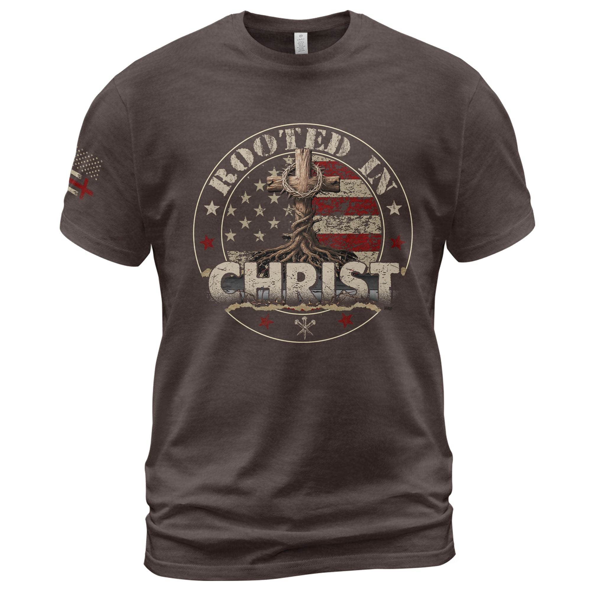 Rooted in Christ American Flag & Cross T-Shirt - Rust Field Wear