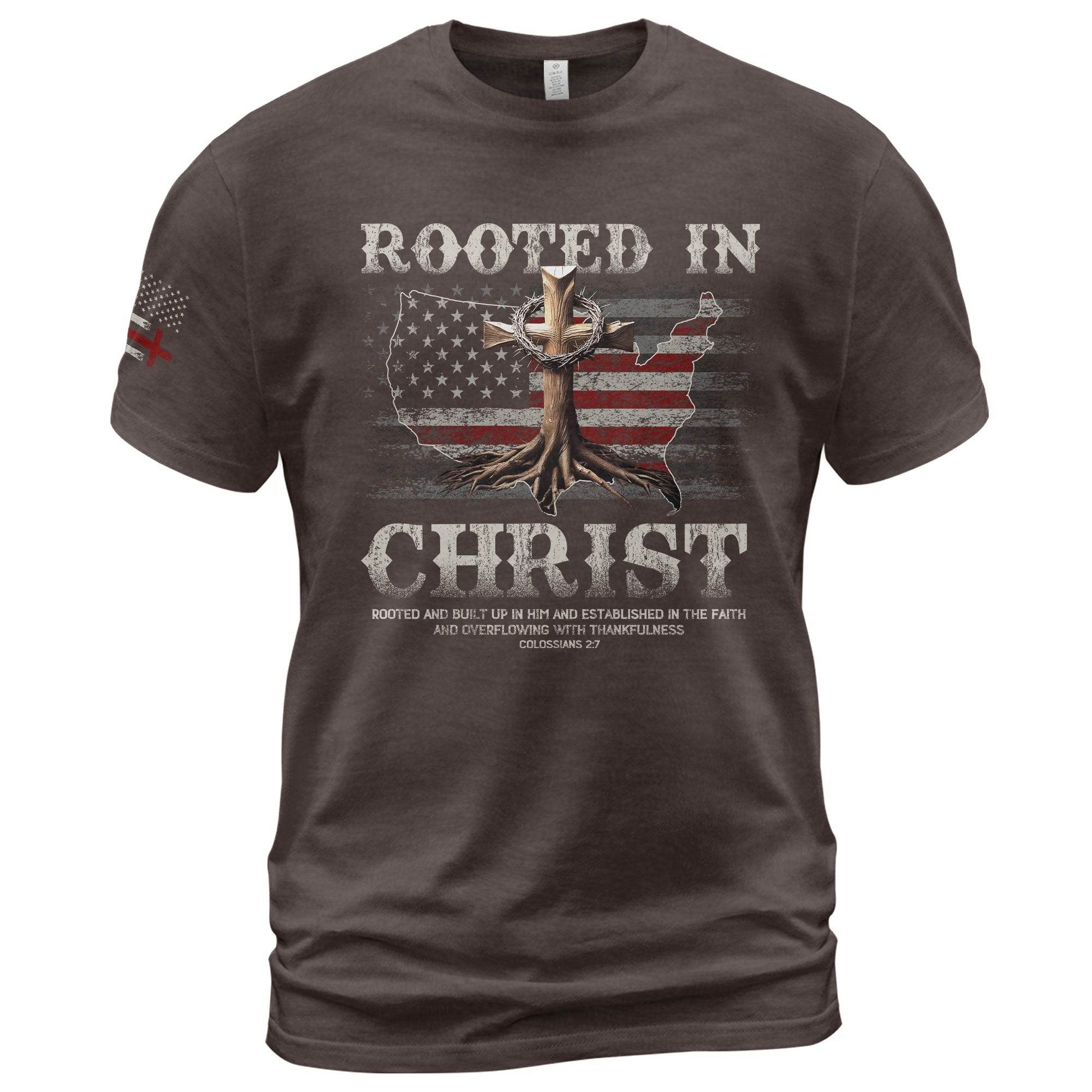Rooted in Christ USA Flag Map Christian T-Shirt - Rust Field Wear