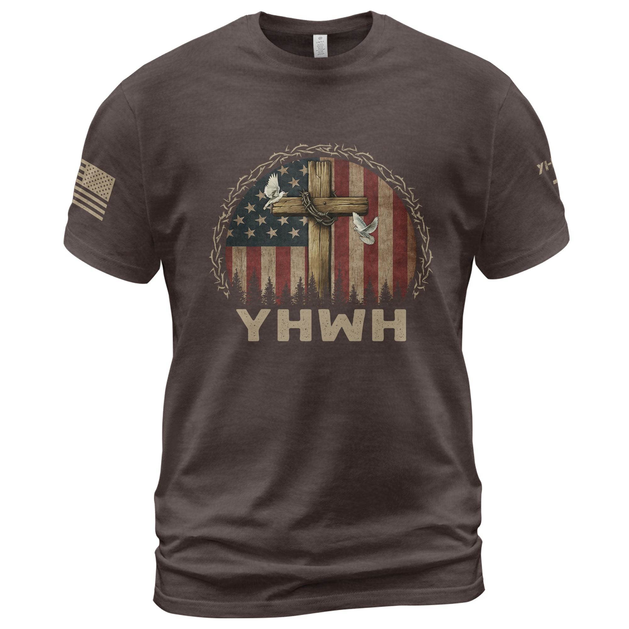 YHWH Cross & American Flag Christian T-Shirt - Rust Field Wear