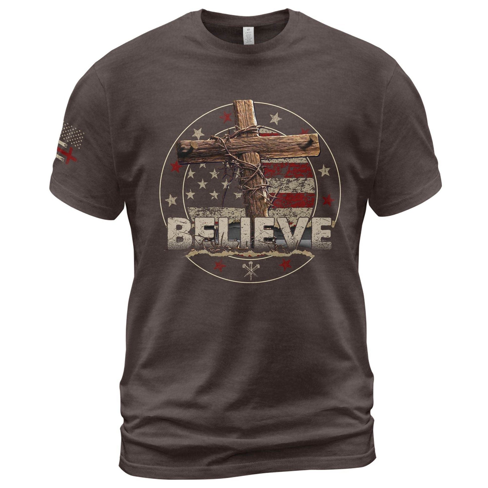 BELIEVE Christian T-Shirt – American Flag Cross & Crown of Thorns - Rust Field Wear