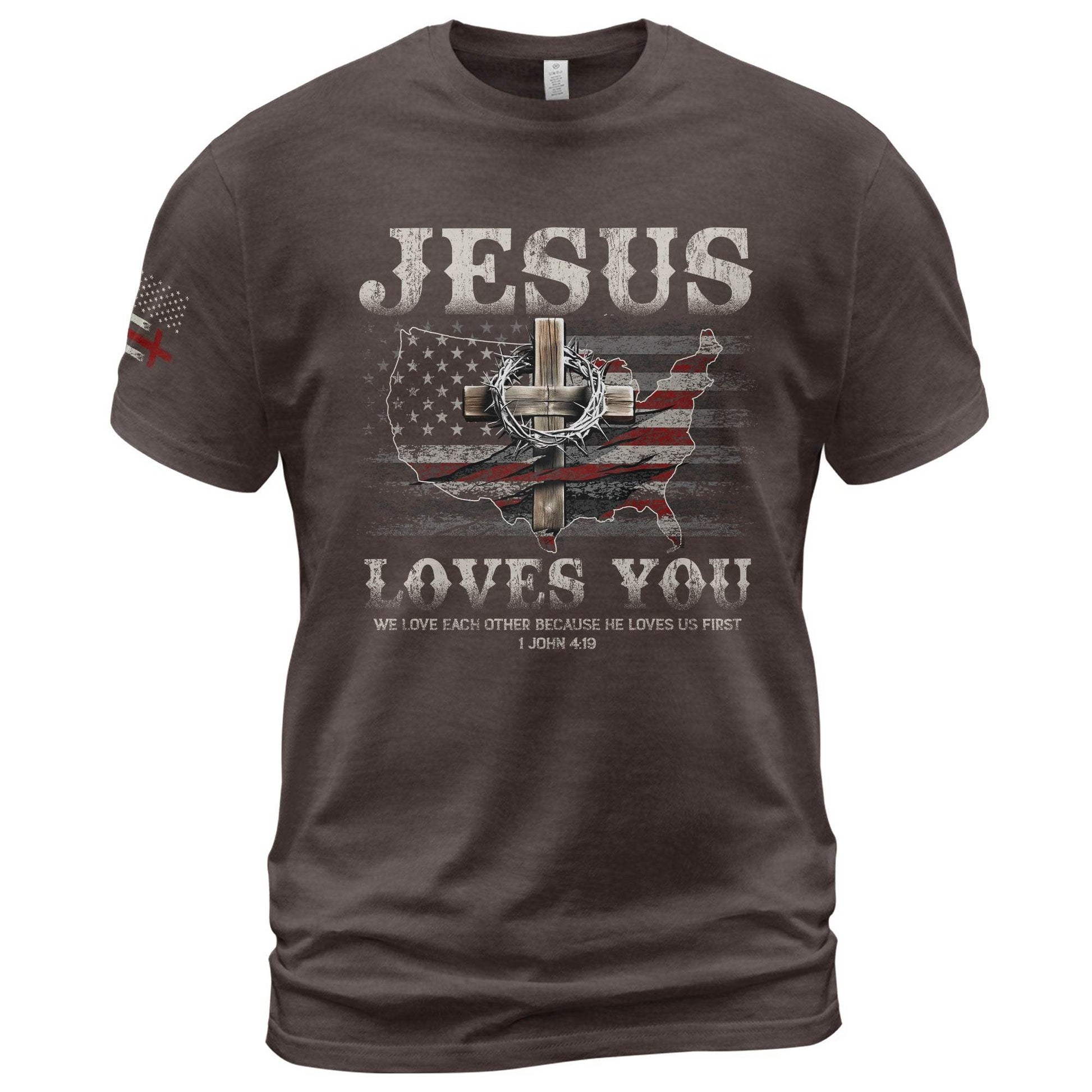 Jesus Loves You - American Flag Cross T-Shirt - Rust Field Wear