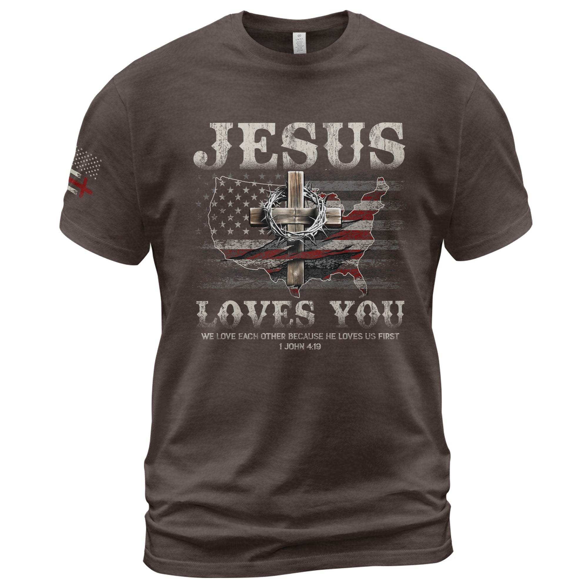 Jesus Loves You - American Flag Cross T-Shirt - Rust Field Wear