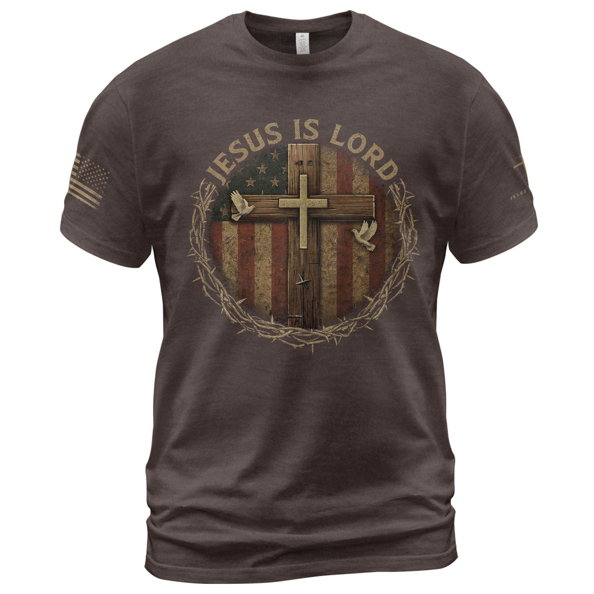 Jesus Is Lord Cross & American Flag Shield T-Shirt - Rust Field Wear