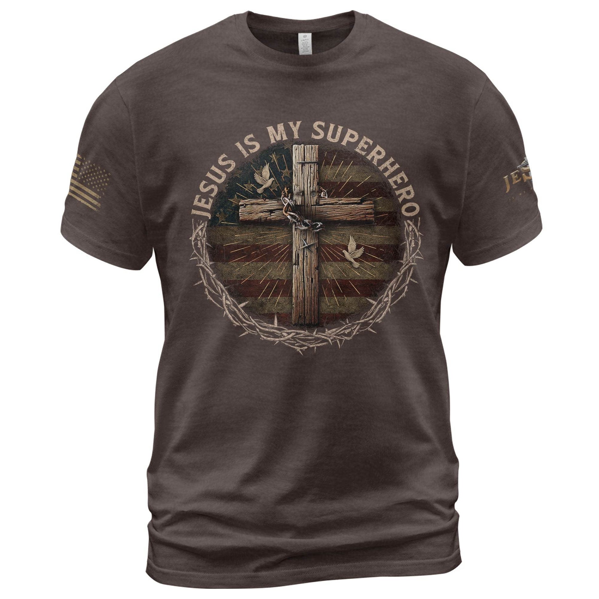 Jesus Is My Superhero Cross & American Flag T-Shirt - Rust Field Wear