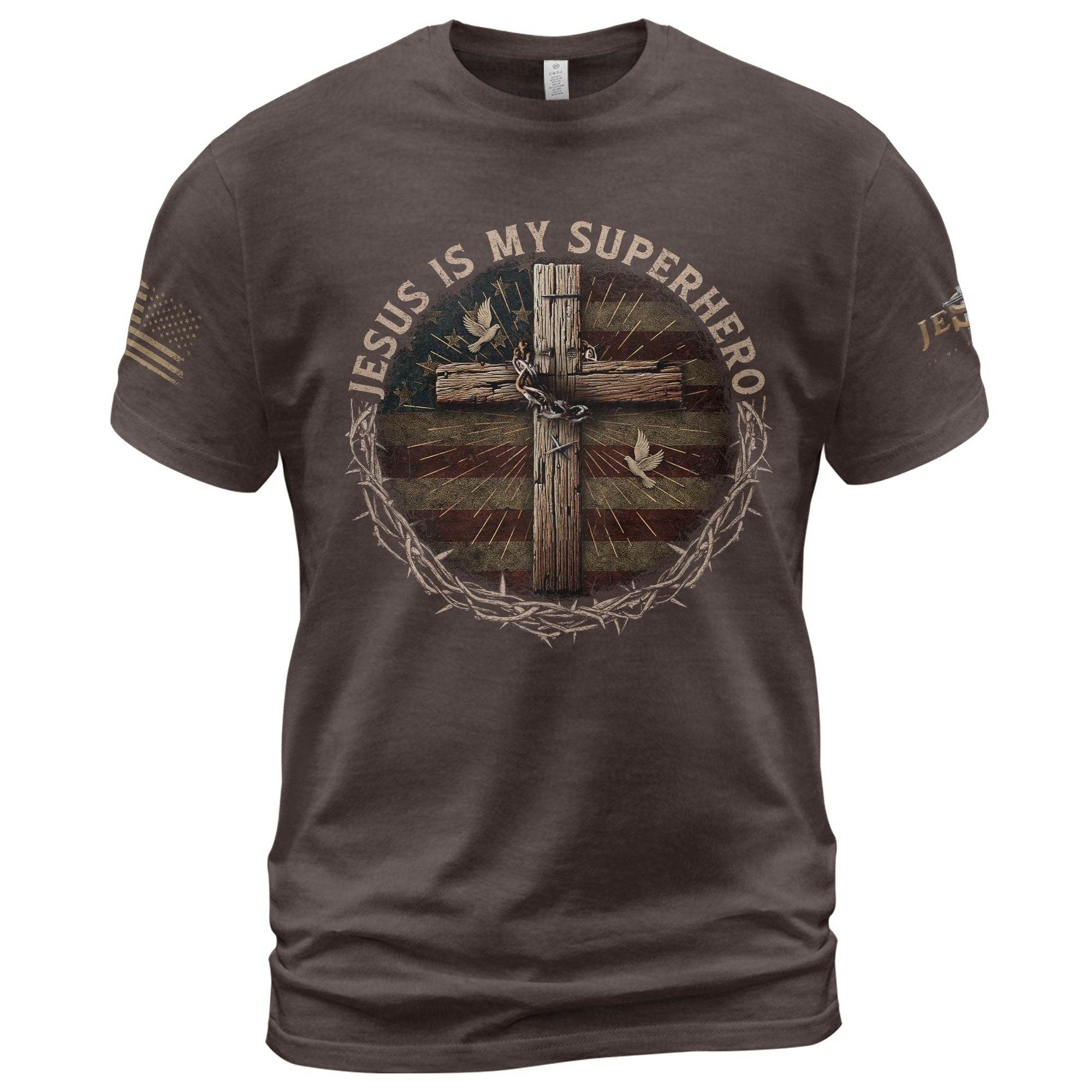 Jesus Is My Superhero Cross & American Flag T-Shirt - Rust Field Wear