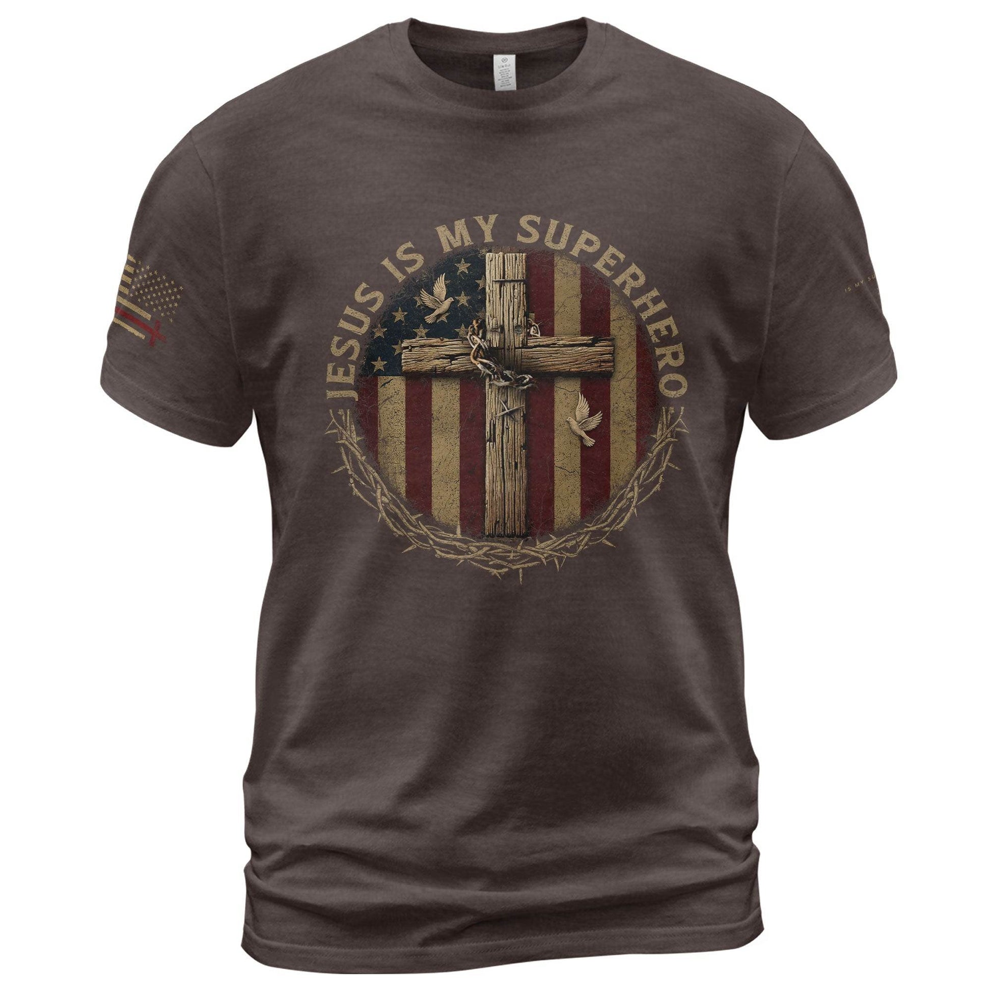 Jesus Is My Superhero Wooden Cross & Flag T-Shirt - Rust Field Wear