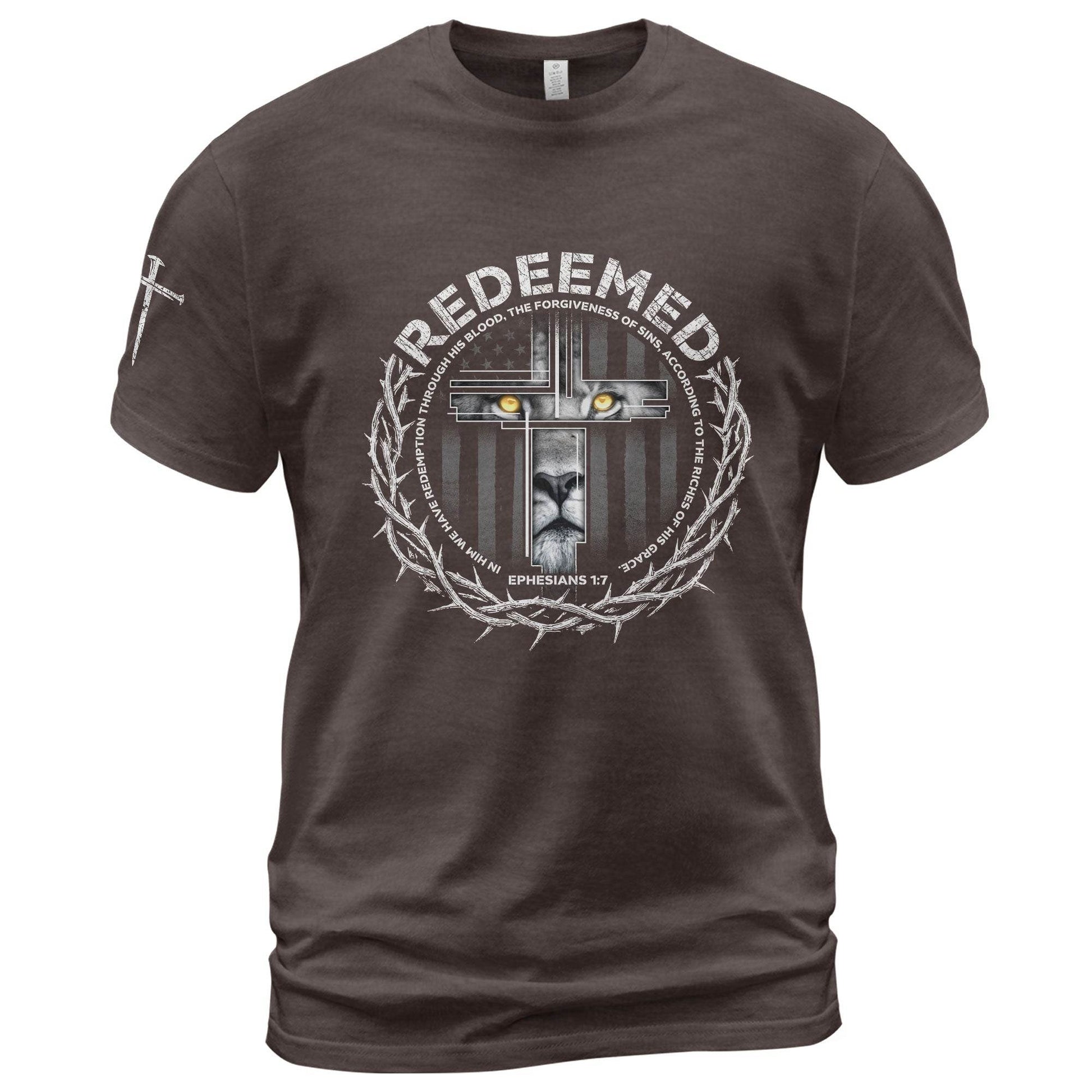 Redeemed Ephesians 1:7 Lion Cross Christian T-Shirt - Rust Field Wear