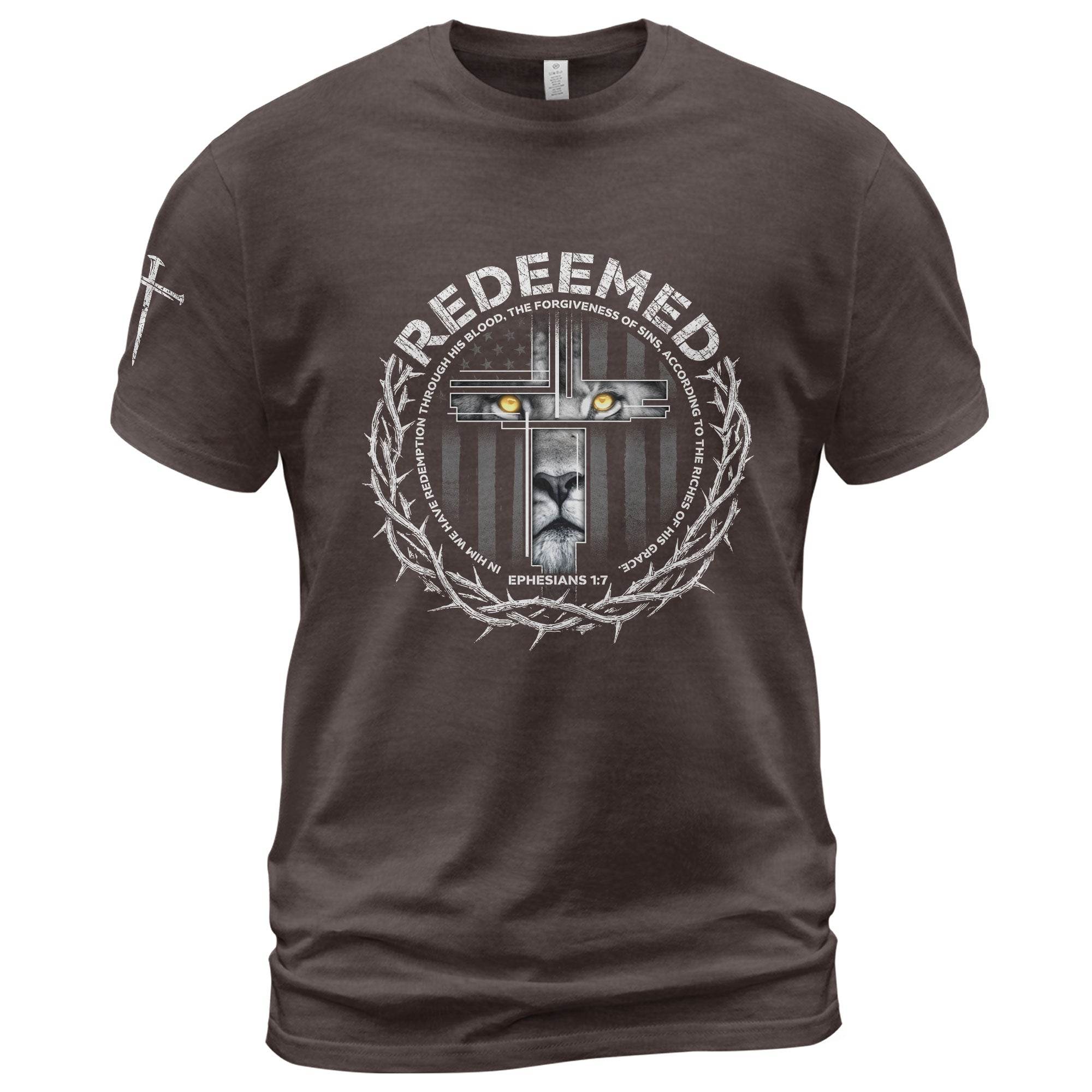 Redeemed Ephesians 1:7 Lion Cross Christian T-Shirt - Rust Field Wear