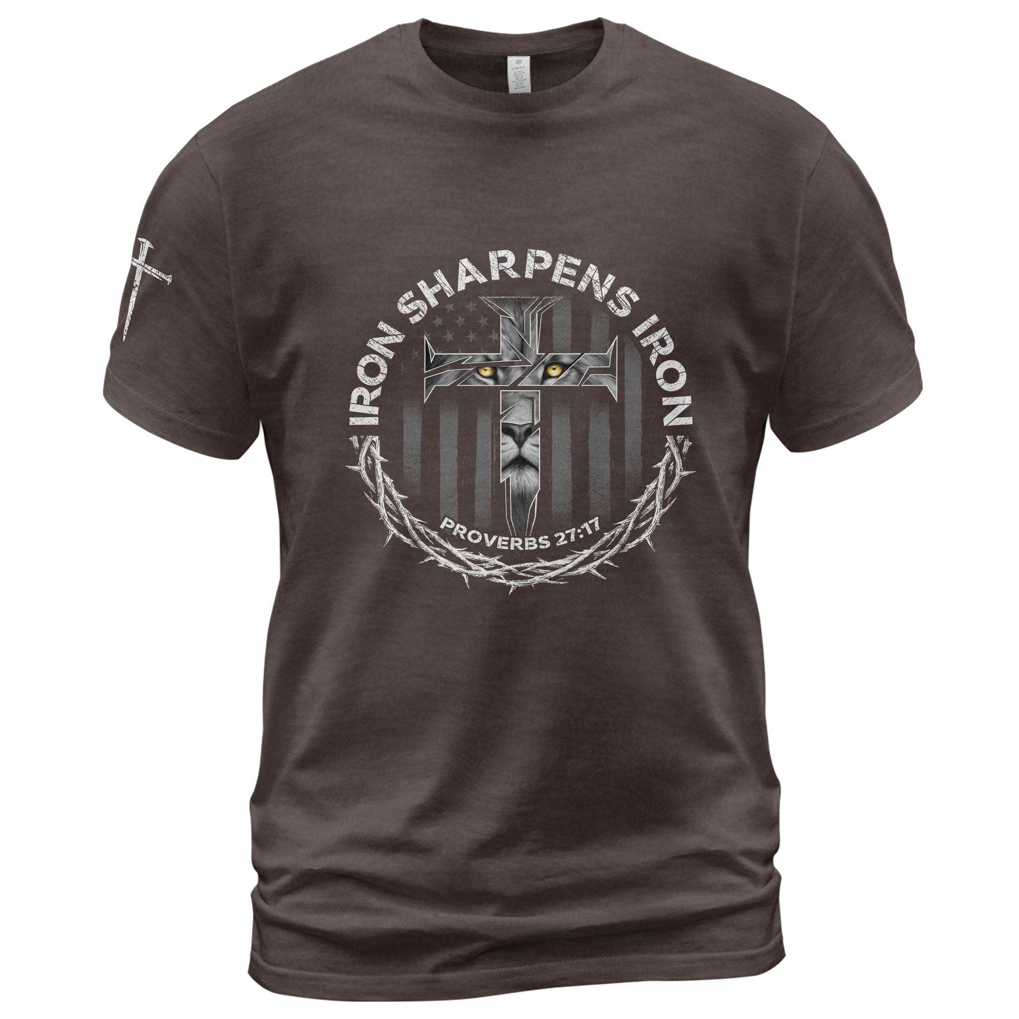 Iron Sharpens Iron Proverbs 27:17 Lion Cross T-Shirt - Rust Field Wear