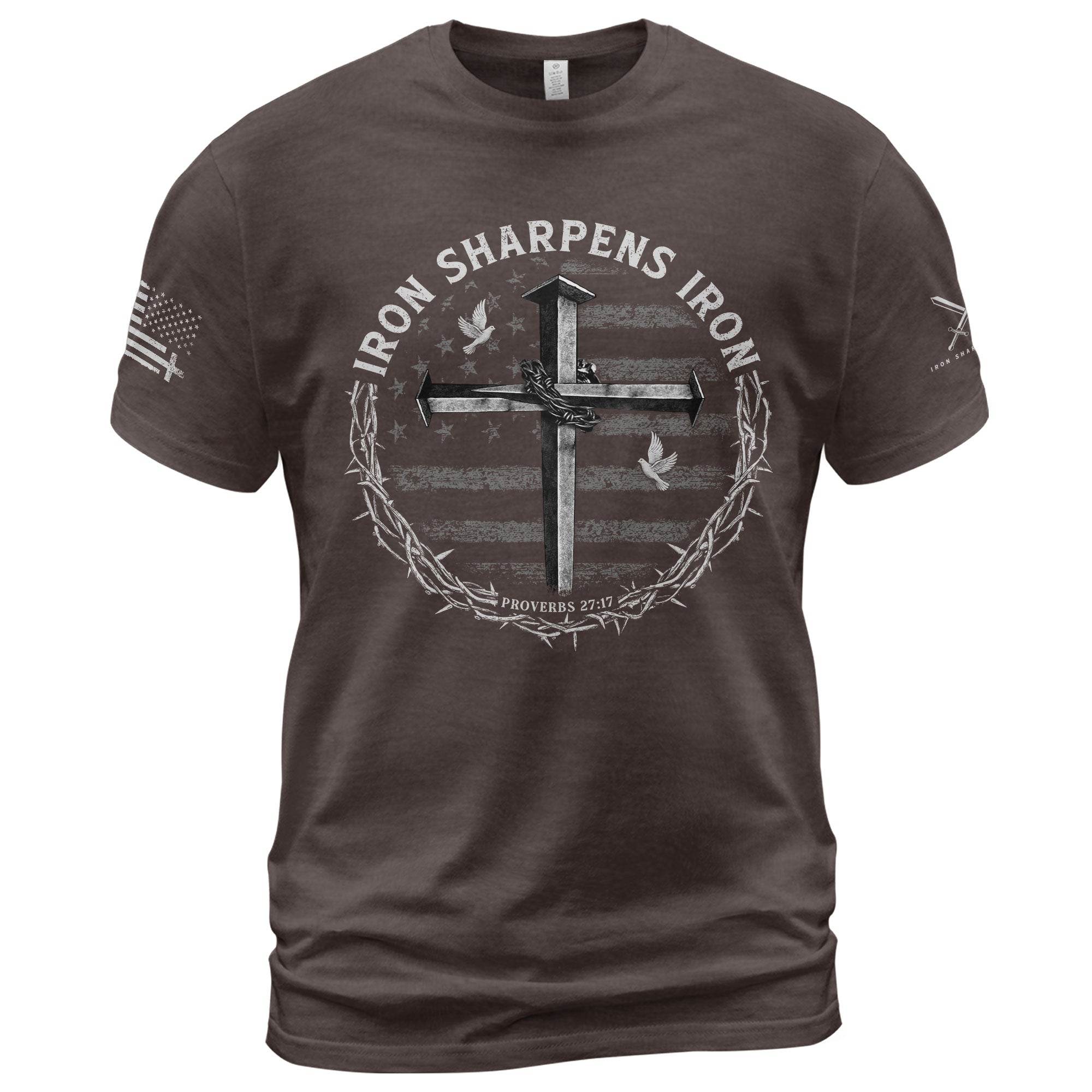 Iron Sharpens Iron Cross Proverbs 27:17 Christian T-Shirt - Rust Field Wear