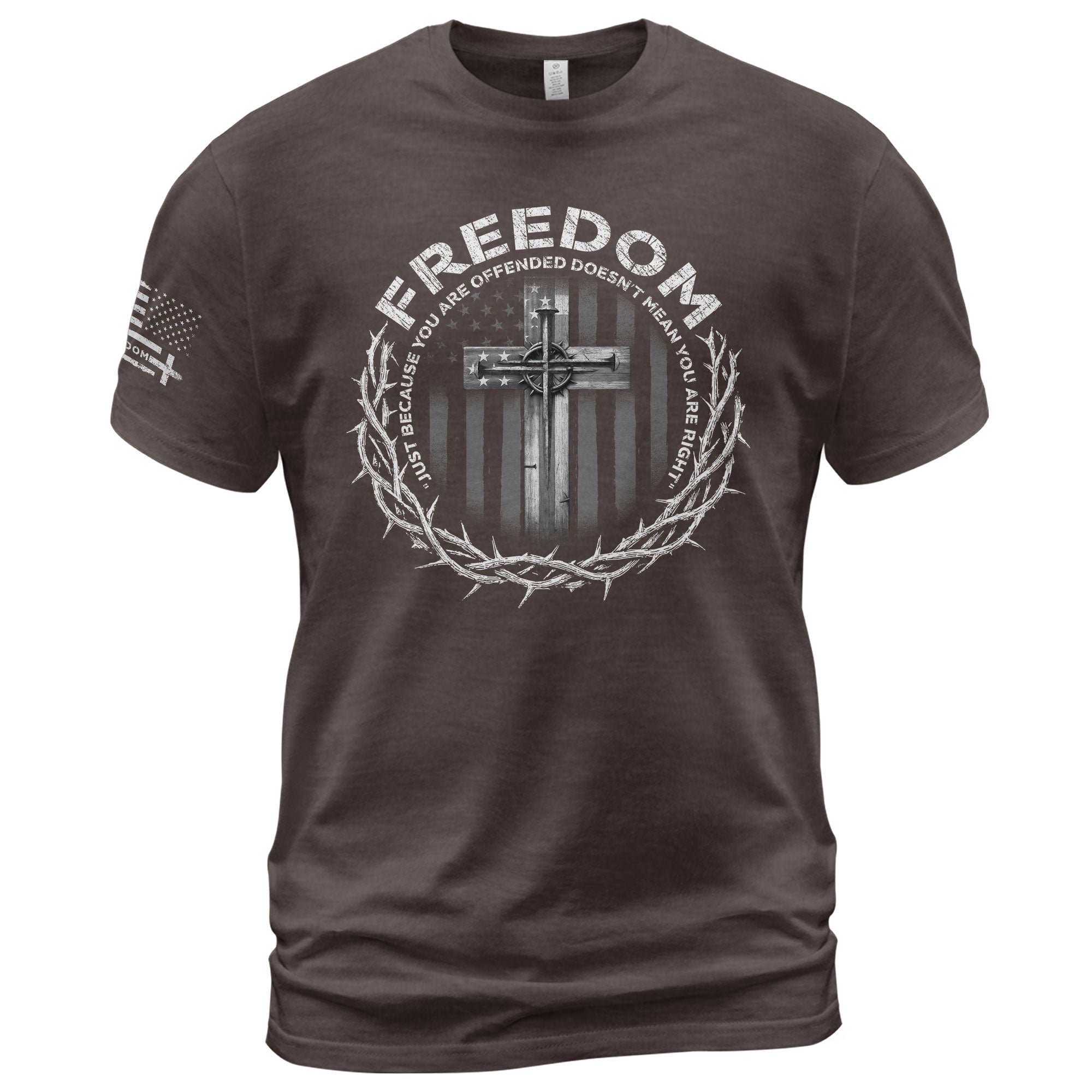 Freedom Memorial American Flag Cross with Crown of Thorns & Quote T-Shirt