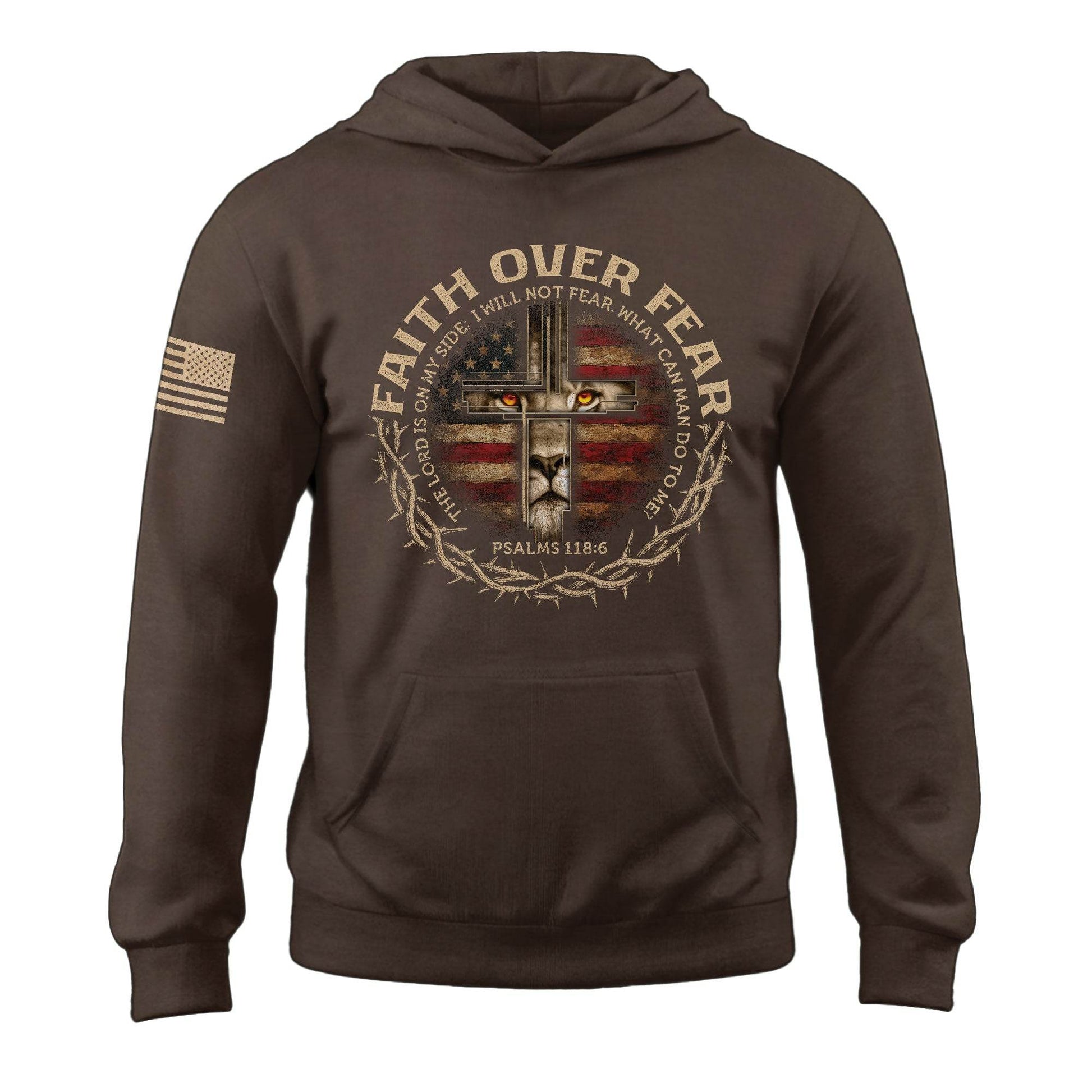 Faith Over Fear Lion Cross American Flag Hoodie - Rust Field Wear